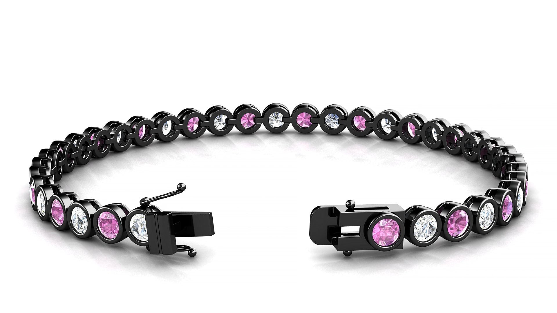 Avila 1-1 | 18k Black Gold 3.4 mm Round Natural Pink Sapphire & Diamond 15 cm Tennis Bracelet