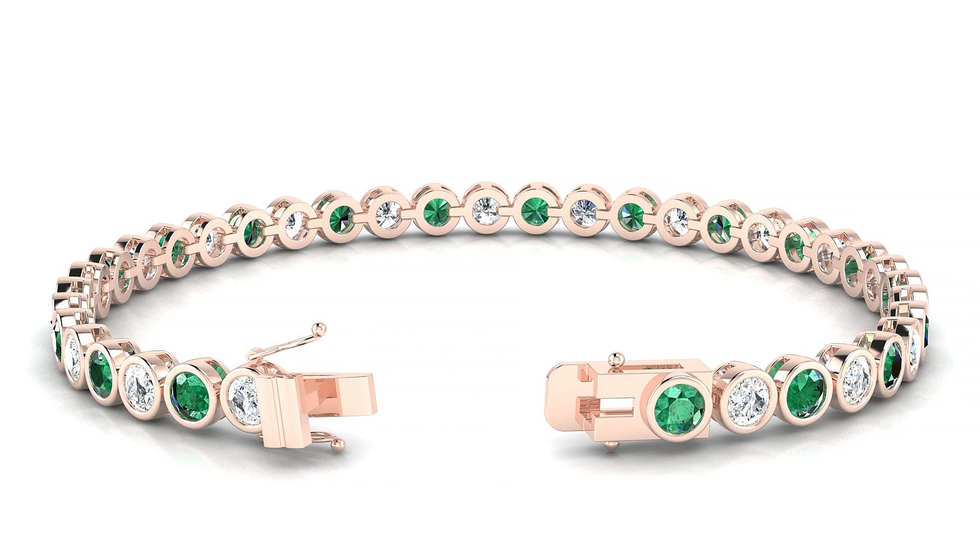 Avila 1-1 | 18k Rose Gold 3.4 mm Round Natural Emerald & Diamond 15 cm Tennis Bracelet