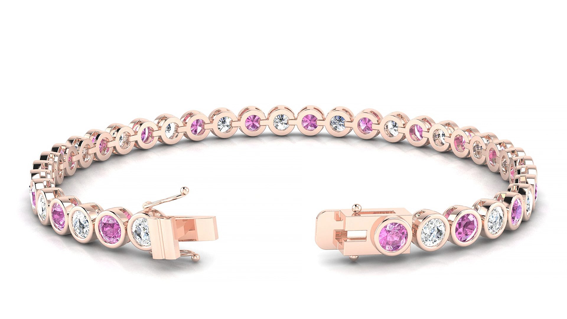 Avila 1-1 | 18k Rose Gold 3.4 mm Round Natural Pink Sapphire & Diamond 15 cm Tennis Bracelet