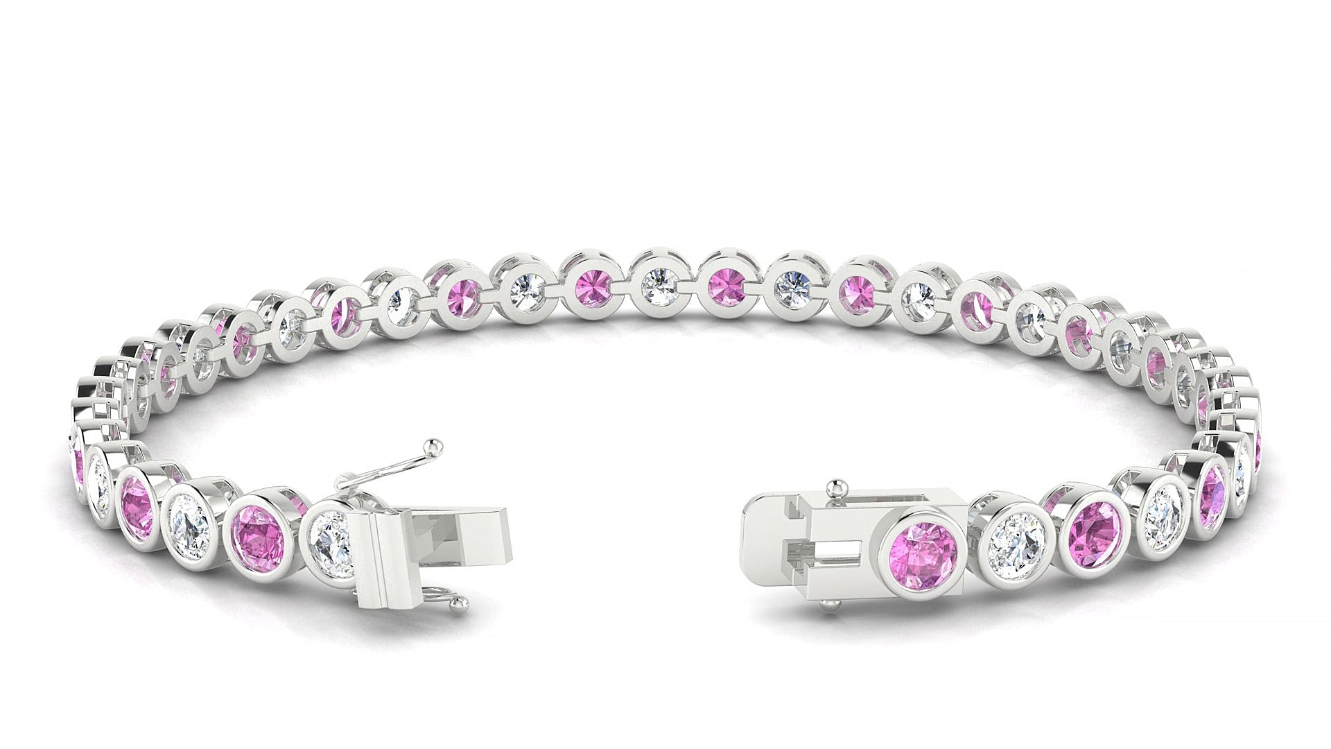 Avila 1-1 | 18k White Gold 3.4 mm Round Natural Pink Sapphire & Diamond 17 cm Tennis Bracelet