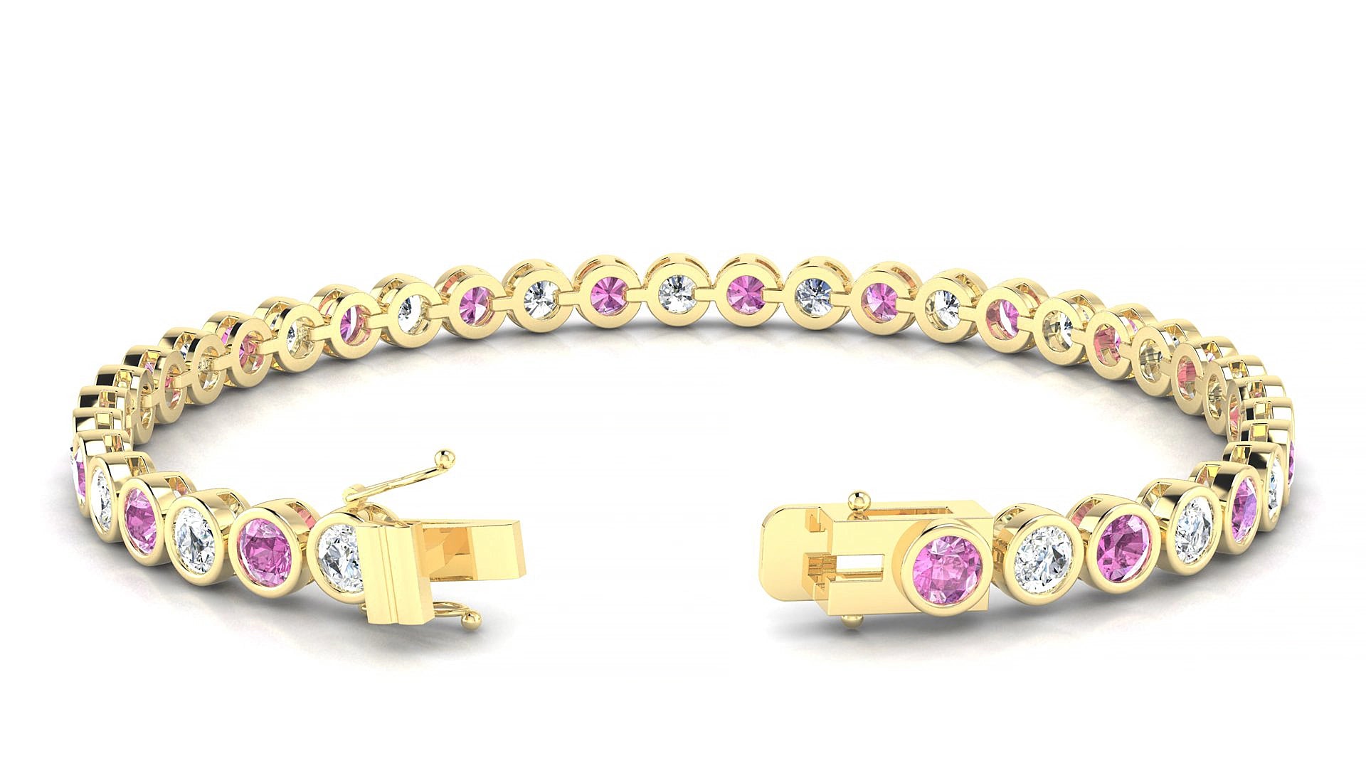 Avila 1-1 | 18k Yellow Gold 3.4 mm Round Natural Pink Sapphire & Diamond 15 cm Tennis Bracelet