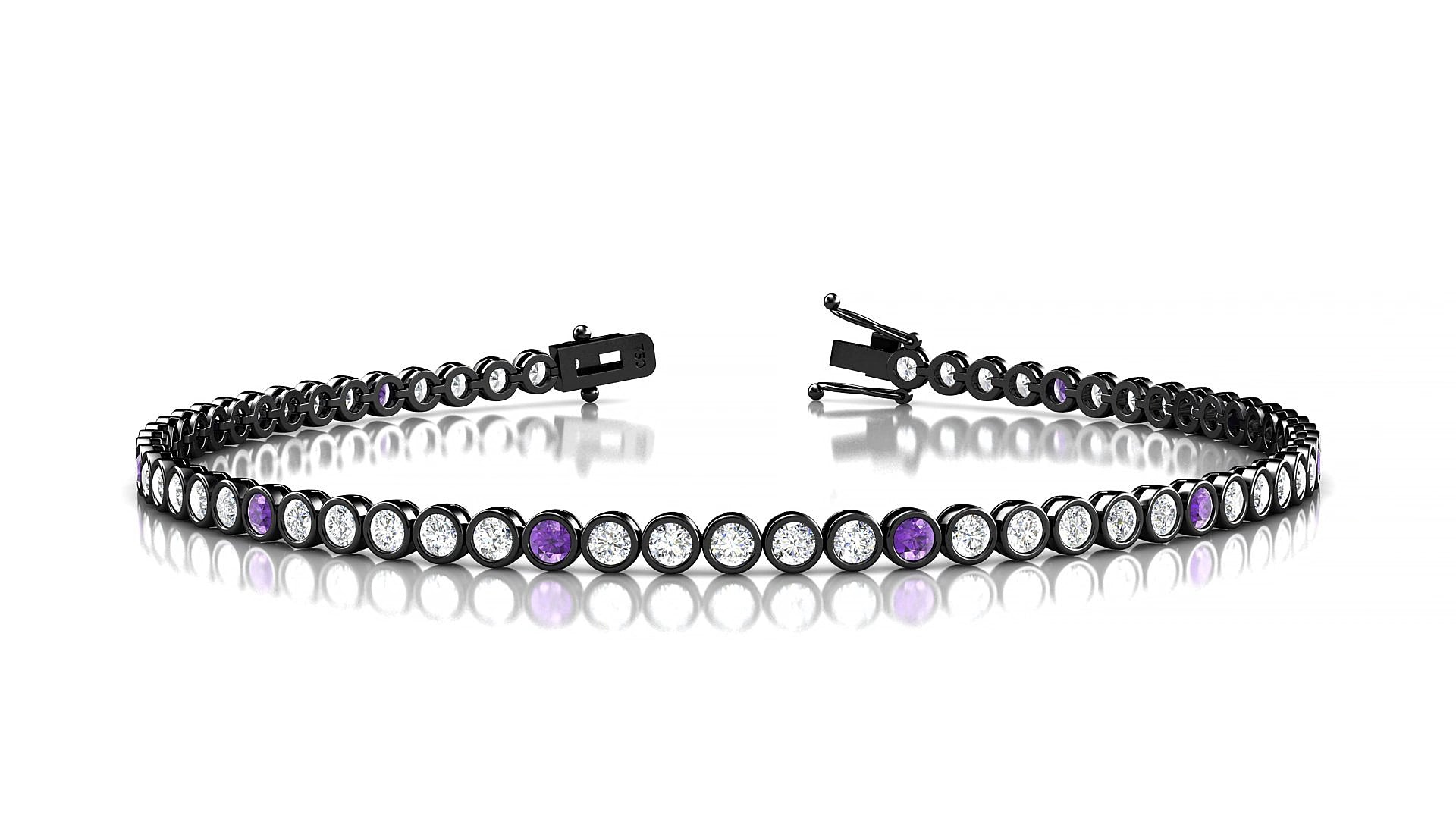 Avila 1-5 | 18k Black Gold 2 mm Round Natural Amethyst & Diamond 15 cm Tennis Bracelet