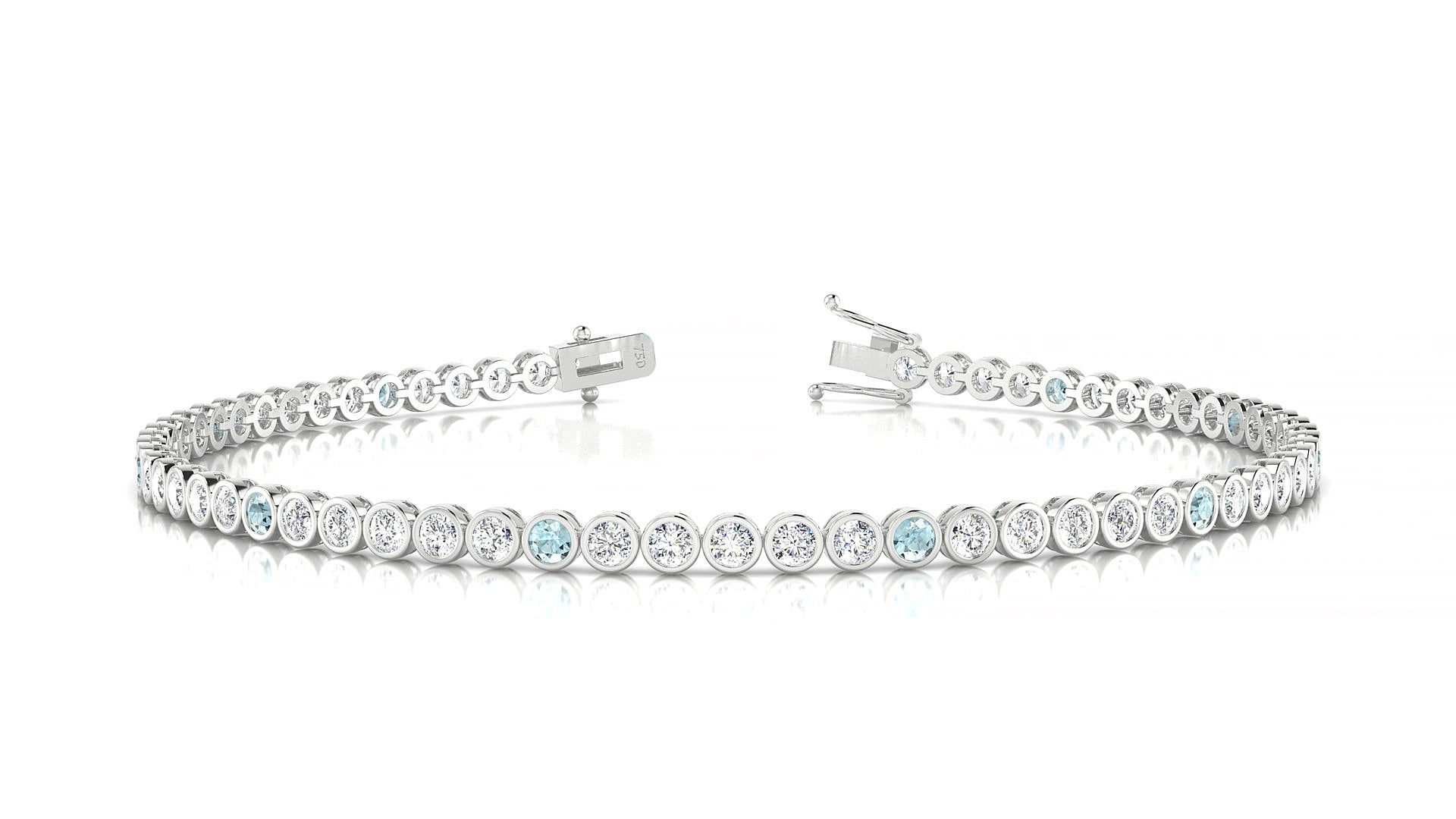 Avila 1-5 | 18k White Gold 2 mm Round Natural Aquamarine & Diamond 19 cm Tennis Bracelet