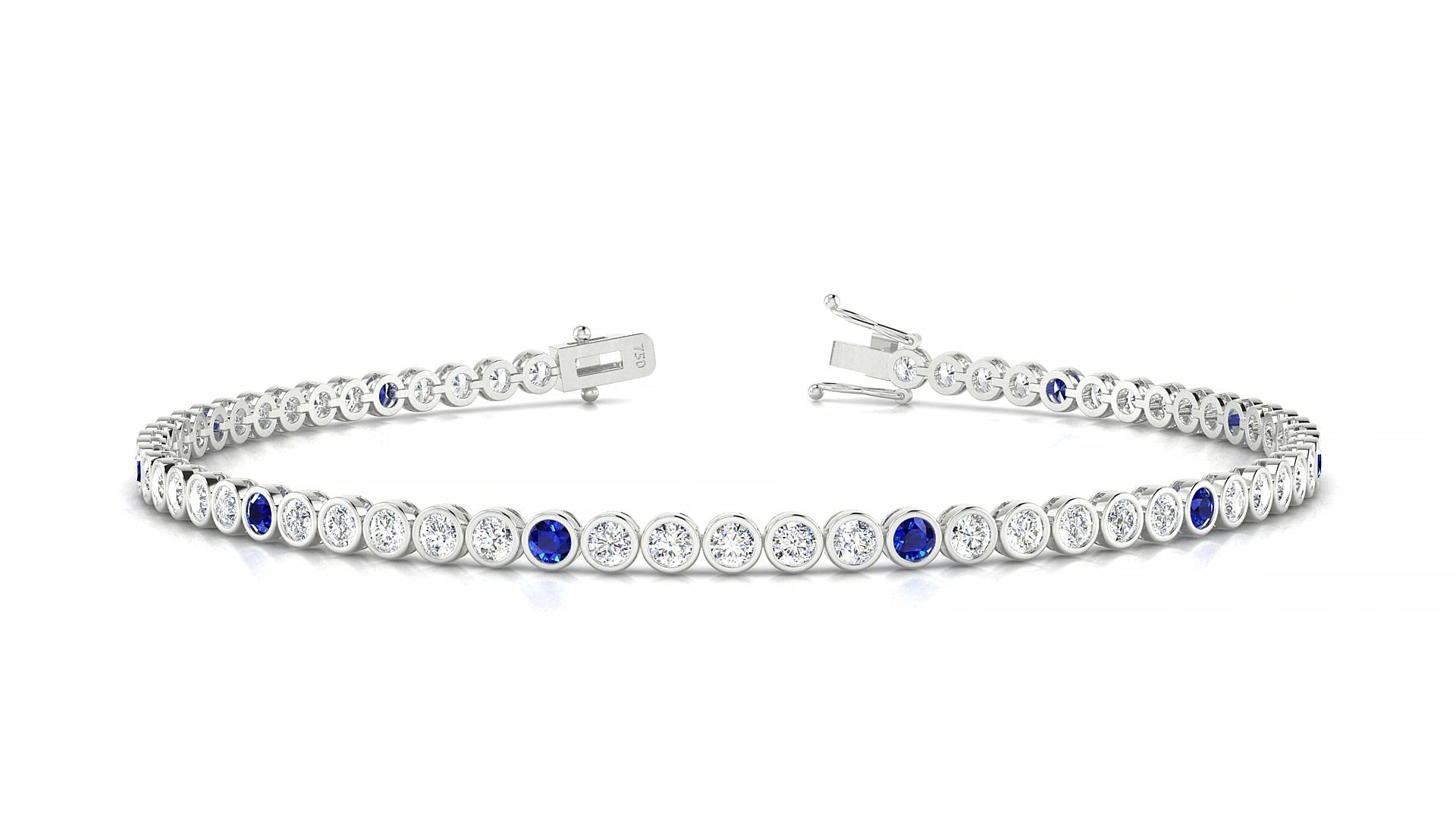 Avila 1-5 | 18k White Gold 2 mm Round Natural Sapphire & Diamond 15 cm Tennis Bracelet