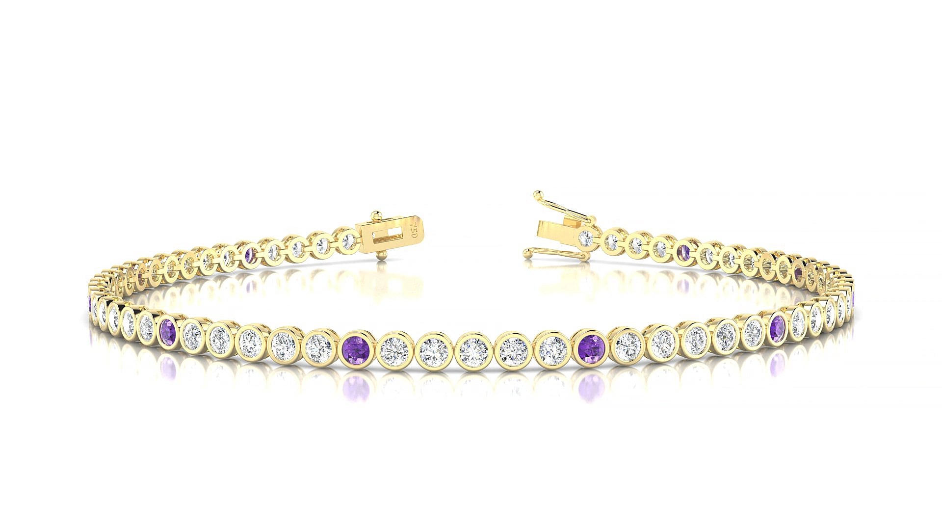 Avila 1-5 | 18k Yellow Gold 2 mm Round Natural Amethyst & Diamond 15 cm Tennis Bracelet
