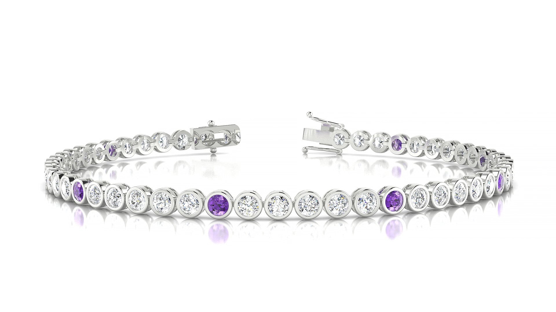 Avila 1-5 | 18k White Gold 2.5 mm Round Natural Amethyst & Diamond 19 cm Tennis Bracelet