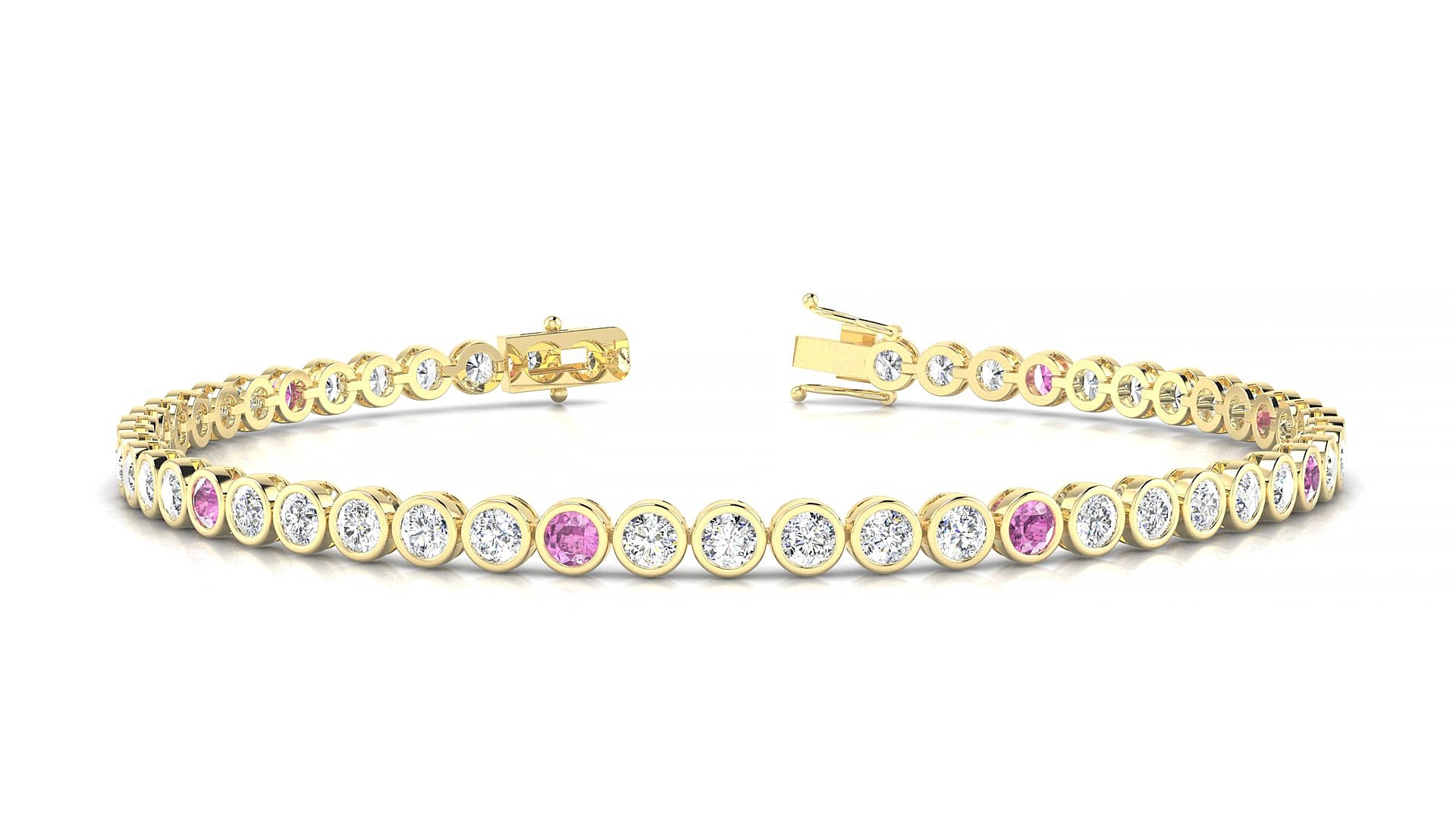 Avila 1-5 | 18k Yellow Gold 2.5 mm Round Natural Pink Sapphire & Diamond 15 cm Tennis Bracelet