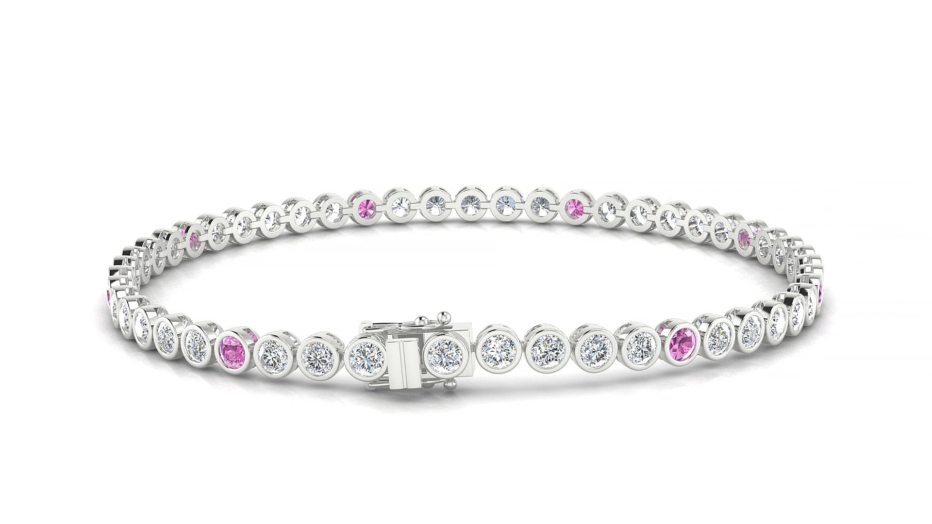 Avila 1-5 | 18k White Gold 2.5 mm Round Natural Pink Sapphire & Diamond 19 cm Tennis Bracelet