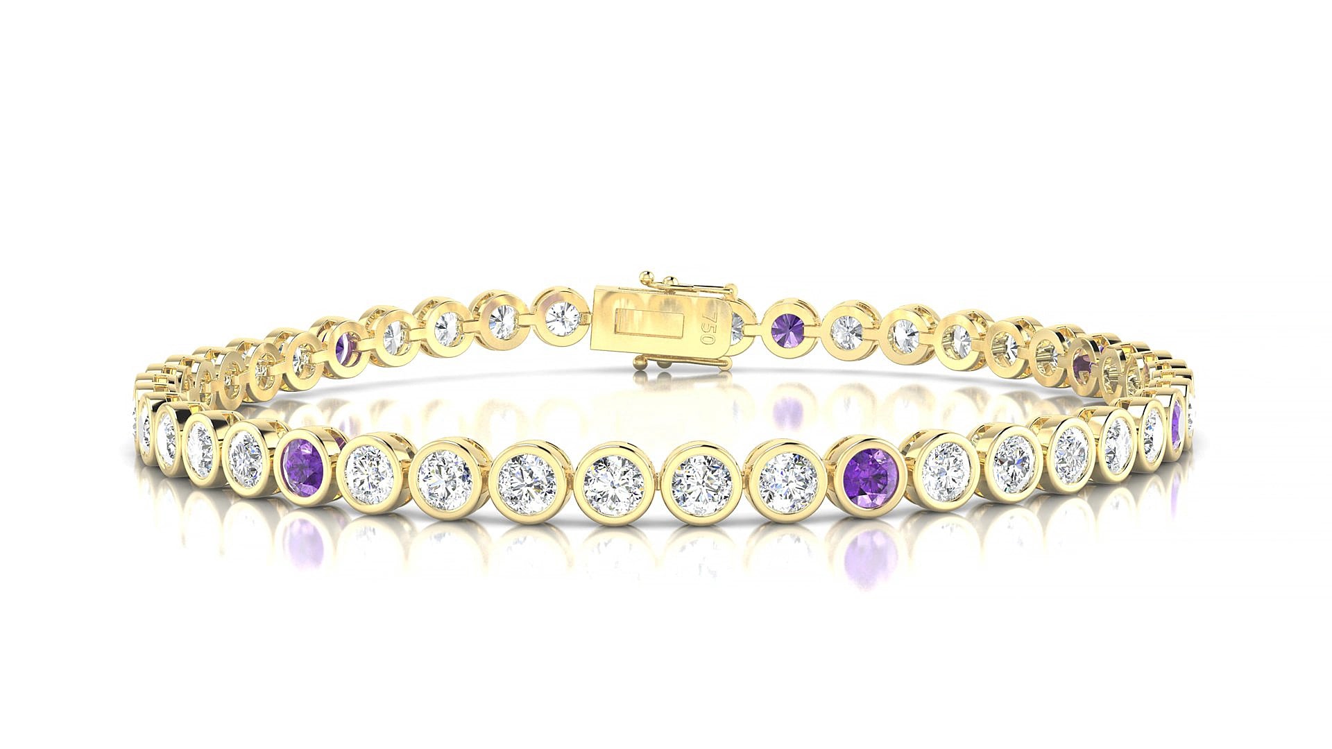 Avila 1-5 | 18k Yellow Gold 3 mm Round Natural Amethyst & Diamond 17 cm Tennis Bracelet