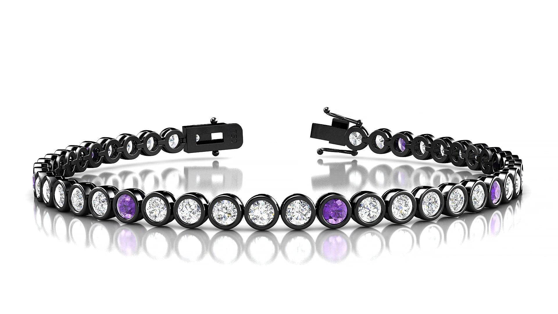 Avila 1-5 | 18k Black Gold 3 mm Round Natural Amethyst & Diamond 15 cm Tennis Bracelet