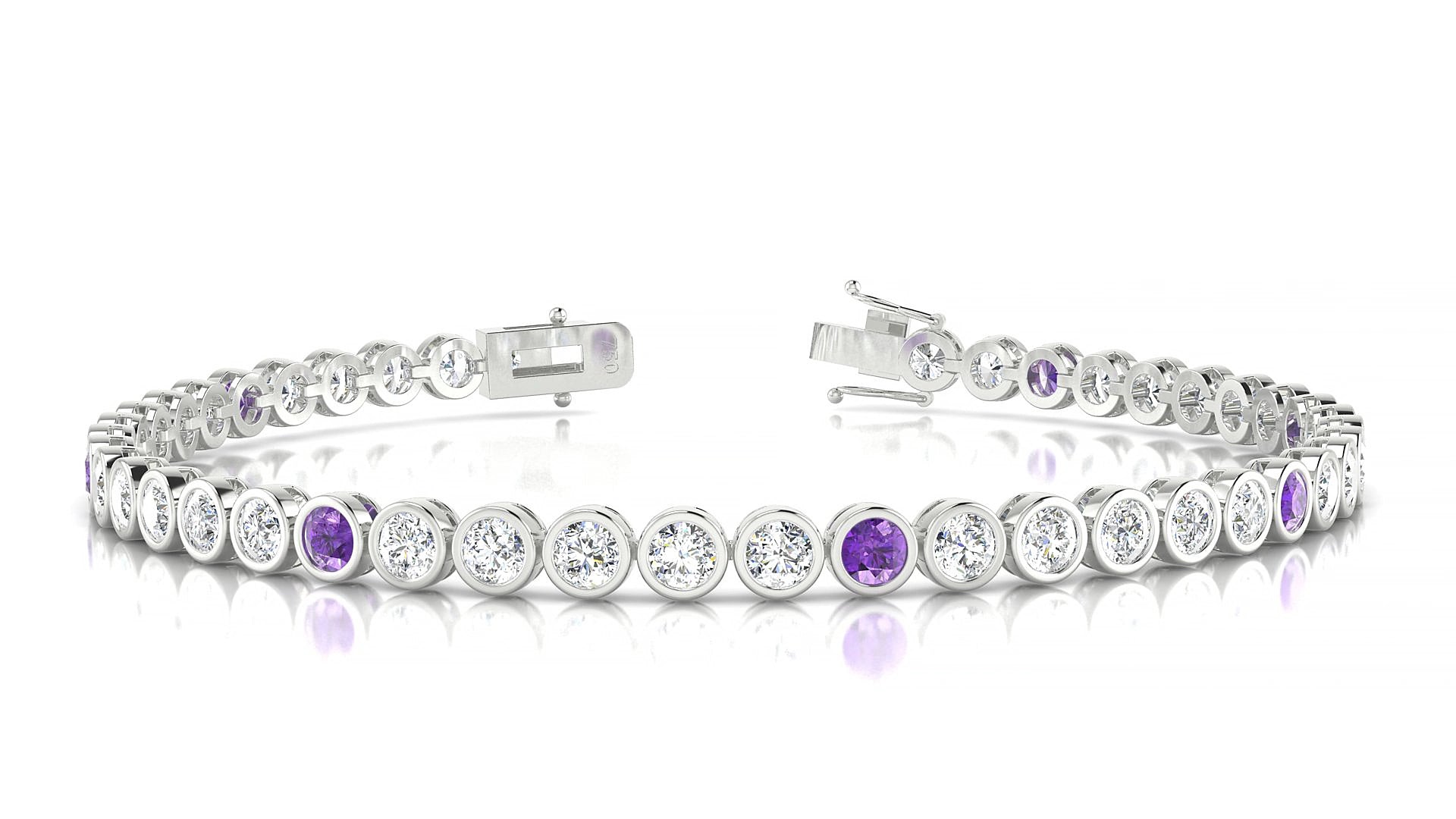 Avila 1-5 | 18k White Gold 3 mm Round Natural Amethyst & Diamond 17 cm Tennis Bracelet