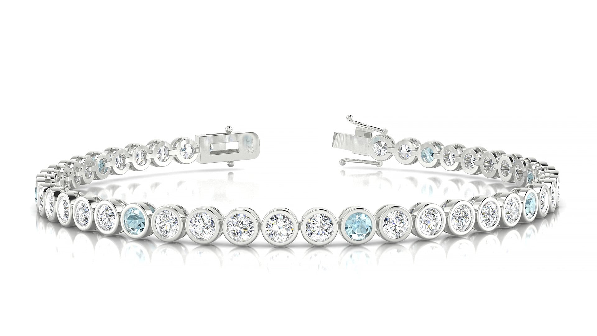 Avila 1-5 | 18k White Gold 3 mm Round Natural Aquamarine & Diamond 17 cm Tennis Bracelet