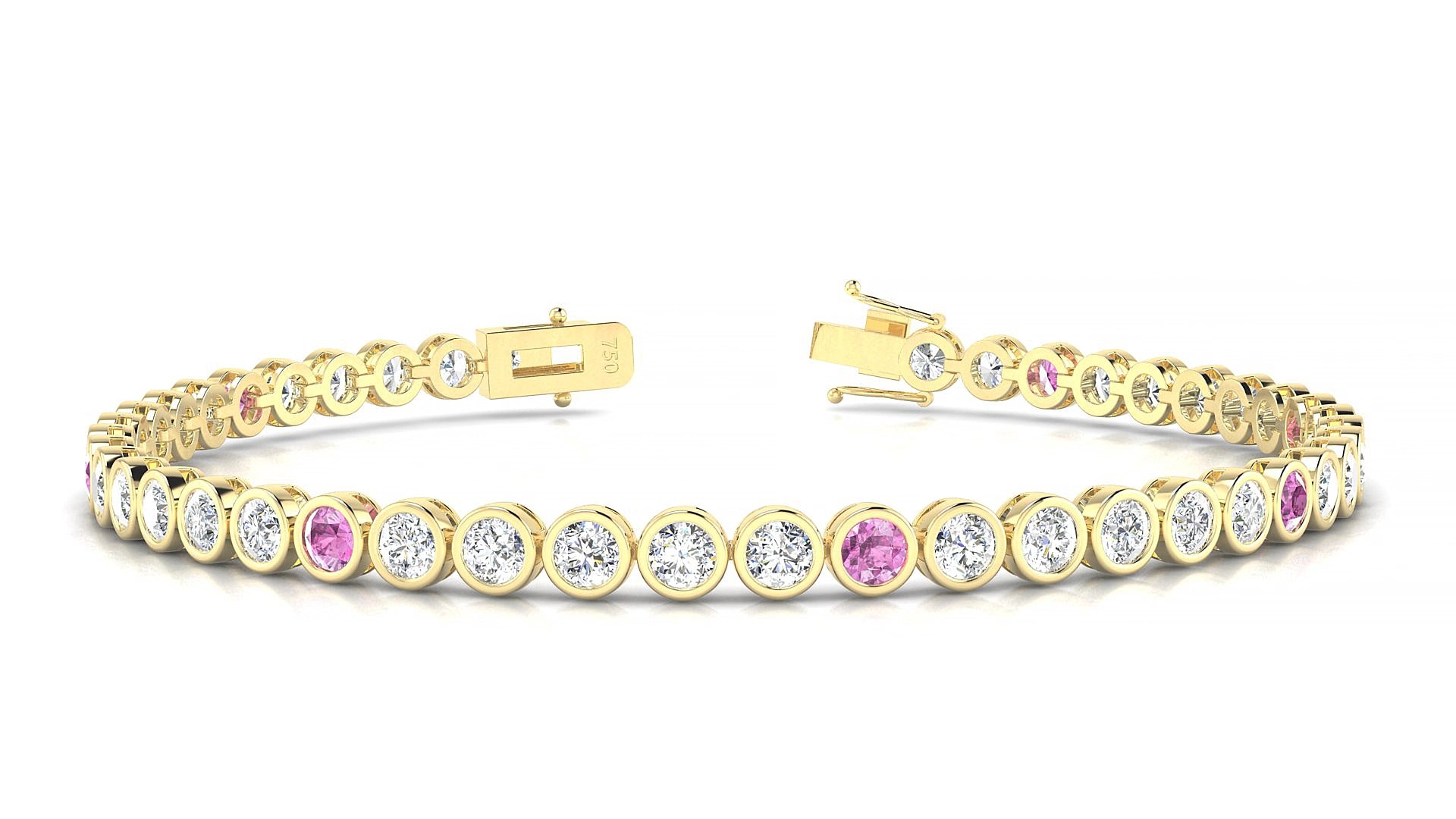 Avila 1-5 | 18k Yellow Gold 3 mm Round Natural Pink Sapphire & Diamond 15 cm Tennis Bracelet