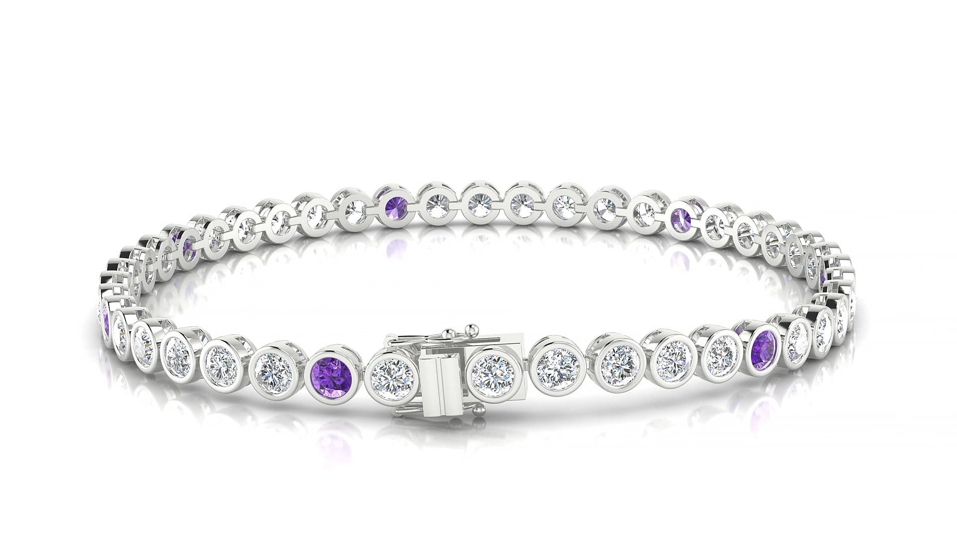 Avila 1-5 | 18k White Gold 3 mm Round Natural Amethyst & Diamond 17 cm Tennis Bracelet