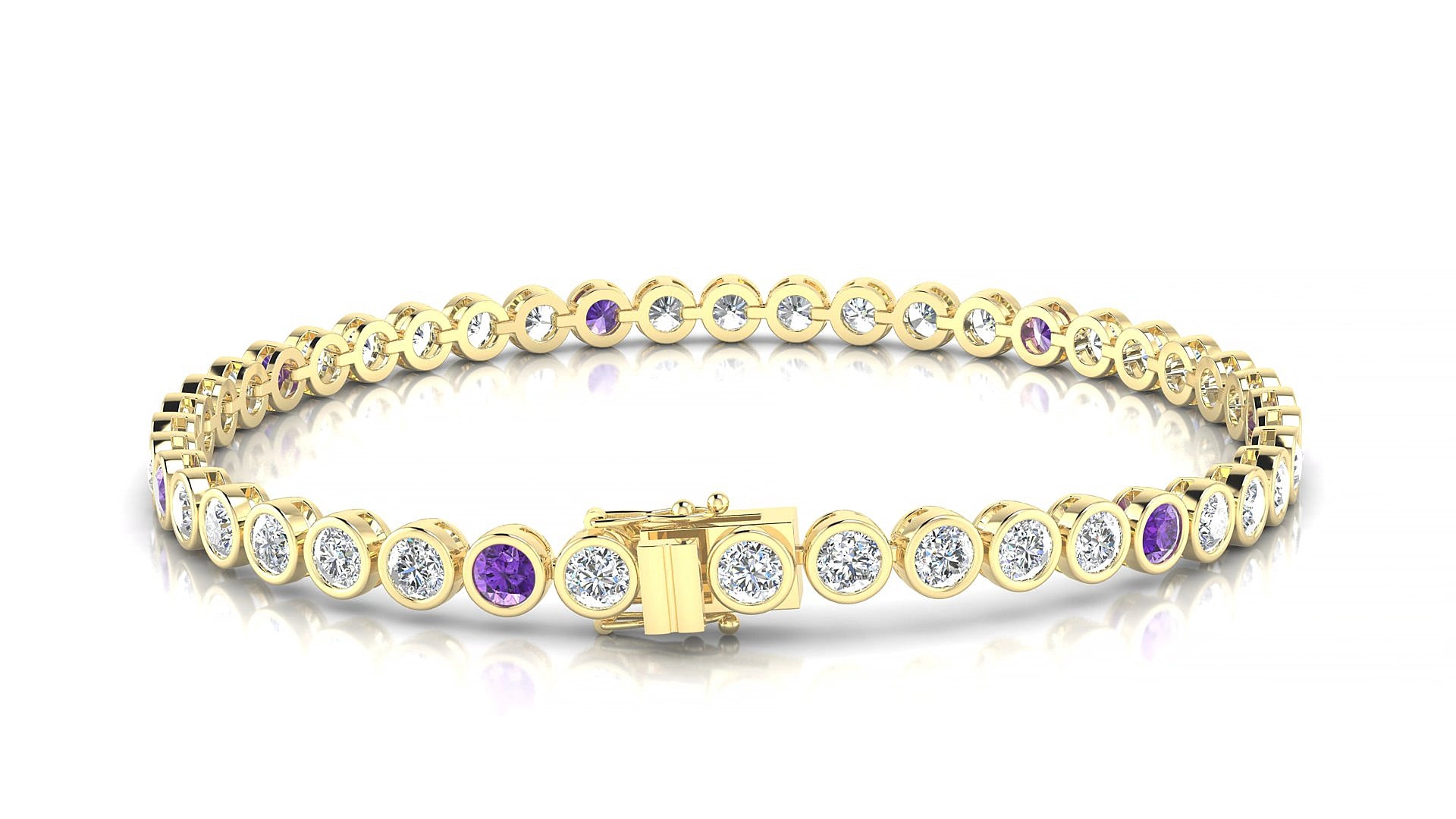 Avila 1-5 | 18k Yellow Gold 3 mm Round Natural Amethyst & Diamond 19 cm Tennis Bracelet