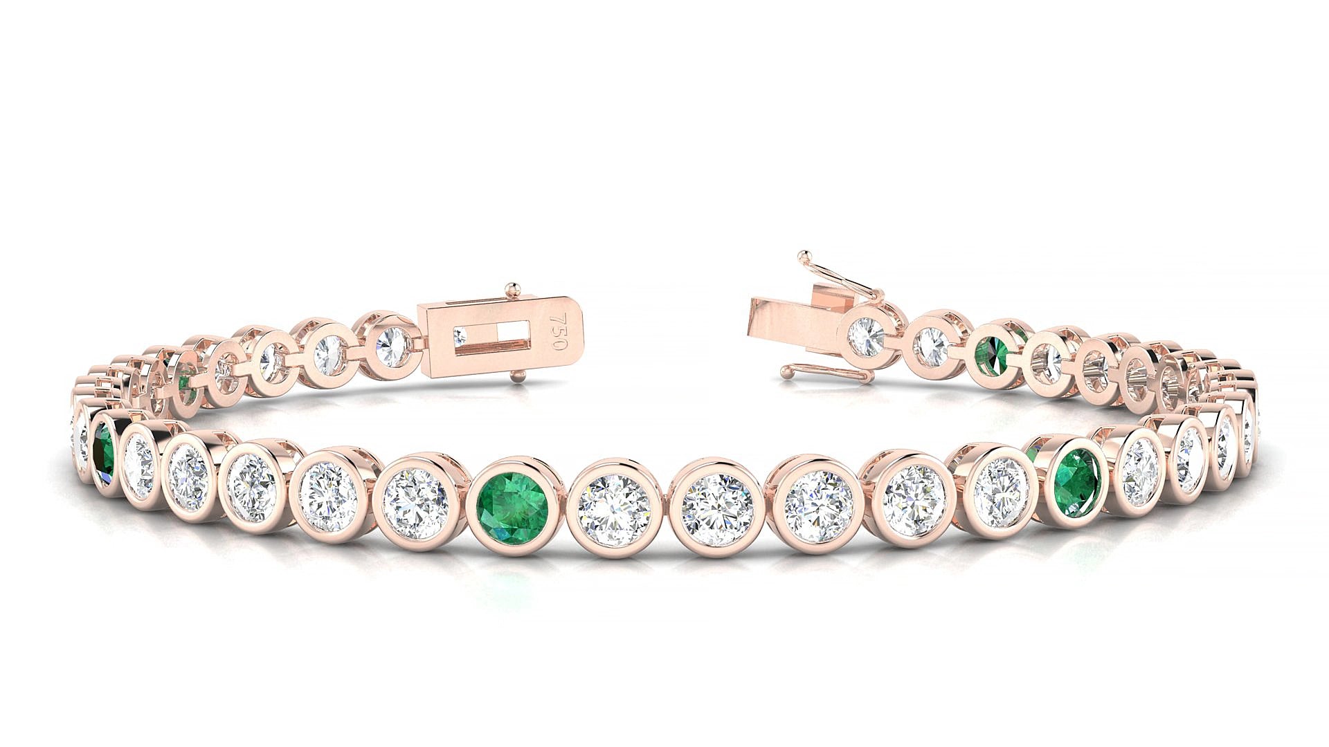 Avila 1-5 | 18k Rose Gold 3.4 mm Round Natural Emerald & Diamond 15 cm Tennis Bracelet