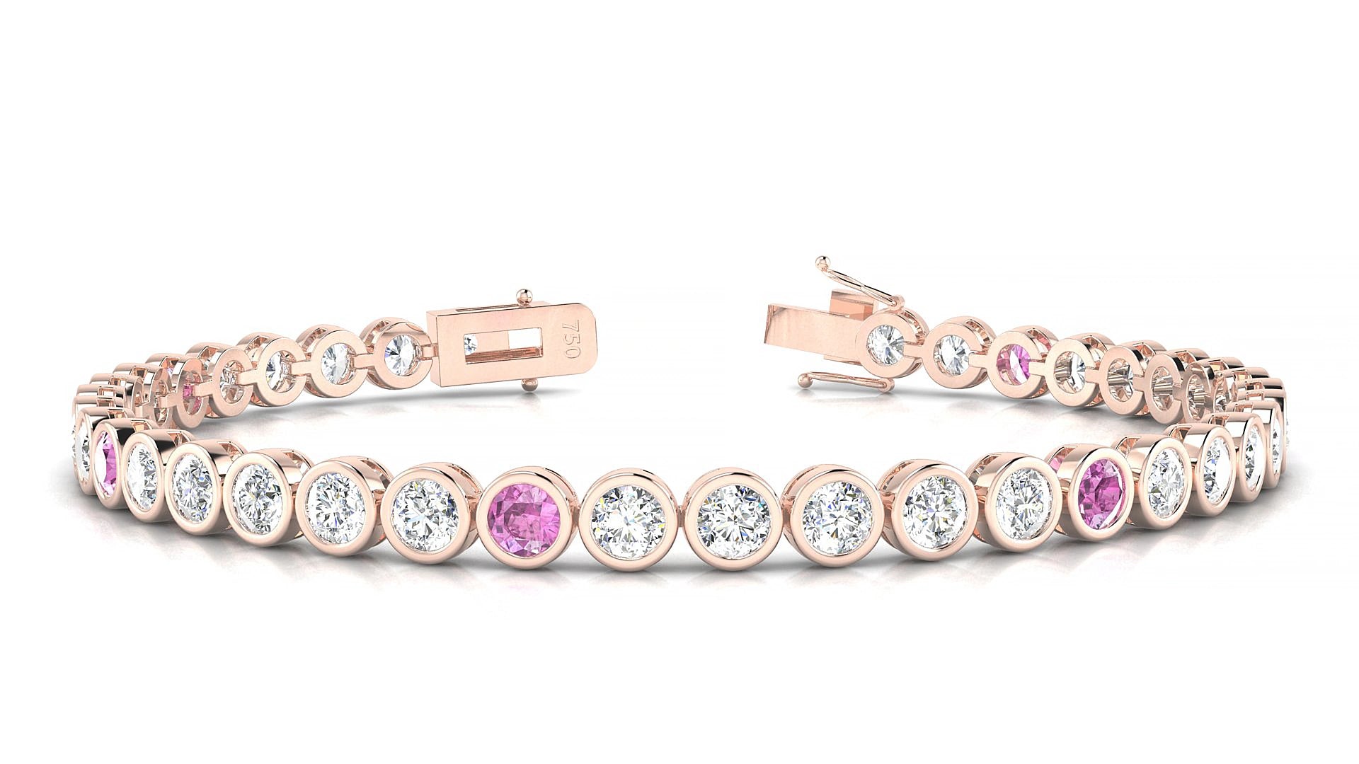 Avila 1-5 | 18k Rose Gold 3.4 mm Round Natural Pink Sapphire & Diamond 19 cm Tennis Bracelet