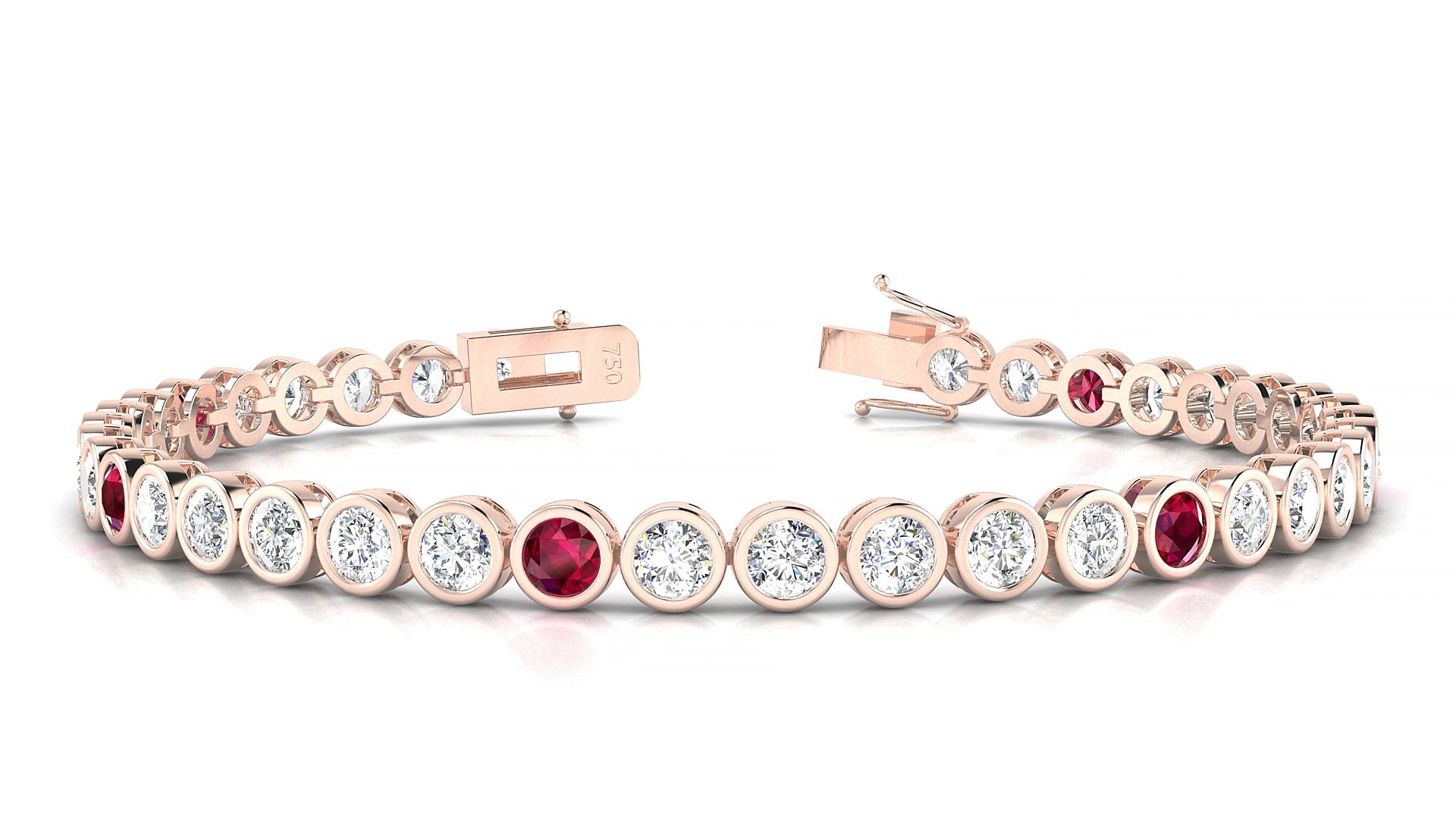 Avila 1-5 | 18k Rose Gold 3.4 mm Round Natural Ruby & Diamond 19 cm Tennis Bracelet