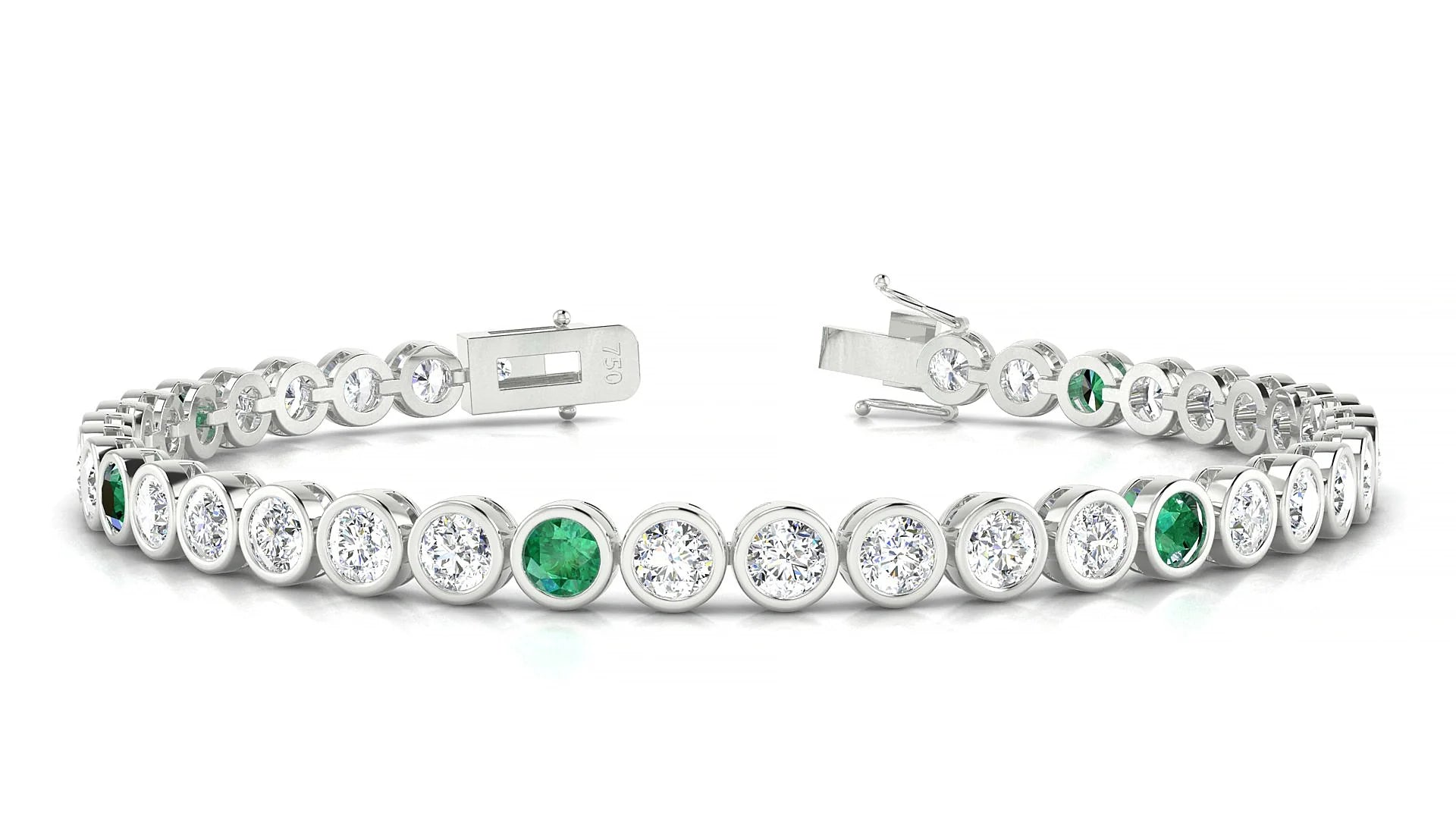 Avila 1-5 | 18k White Gold 3.4 mm Round Natural Emerald & Diamond Tennis Bracelet