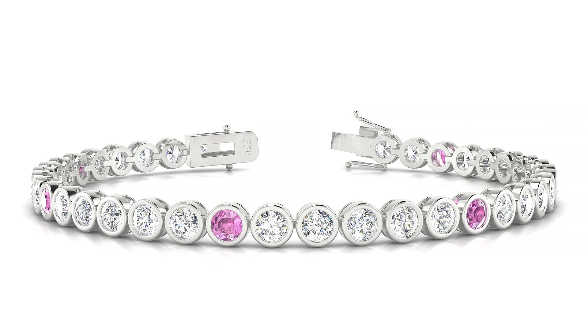Avila 1-5 | 18k White Gold 3.4 mm Round Natural Pink Sapphire & Diamond 15 cm Tennis Bracelet
