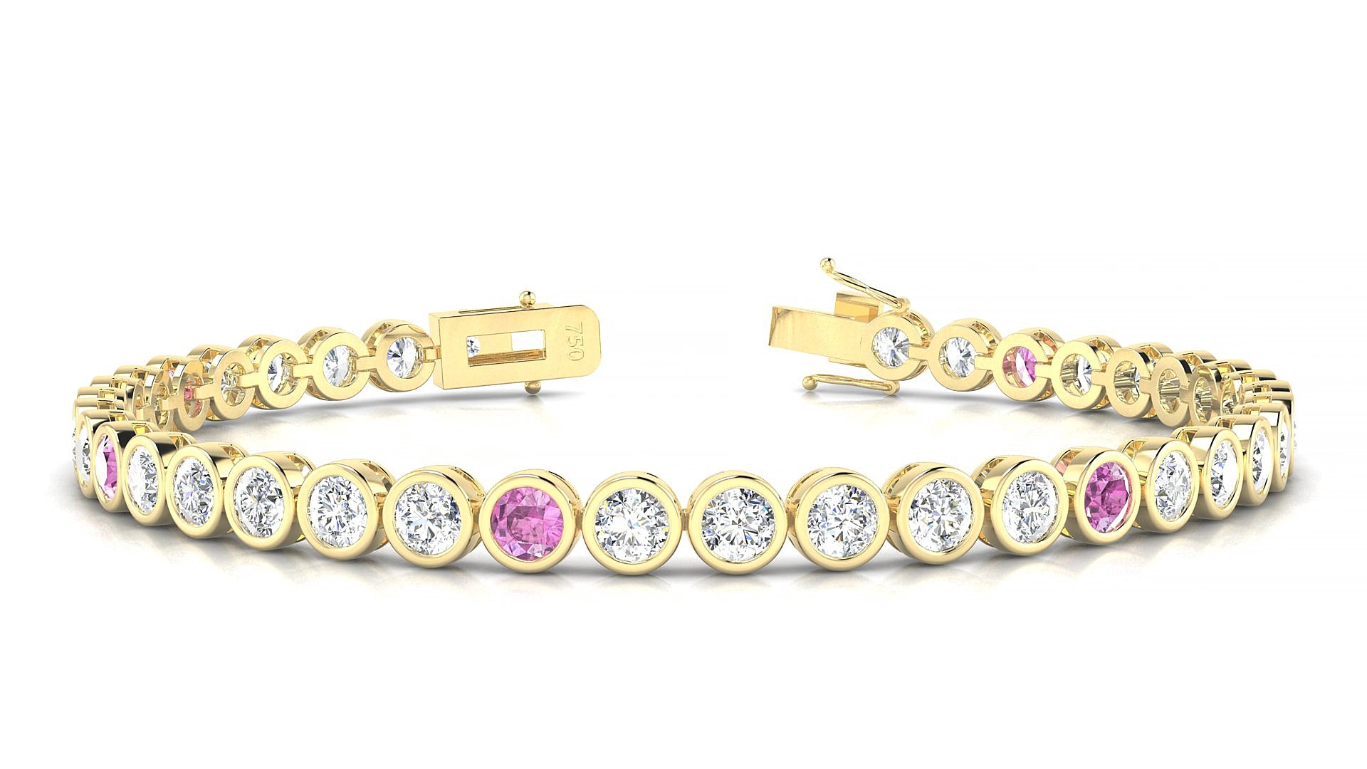 Avila 1-5 | 18k Yellow Gold 3.4 mm Round Natural Pink Sapphire & Diamond 18 cm Tennis Bracelet