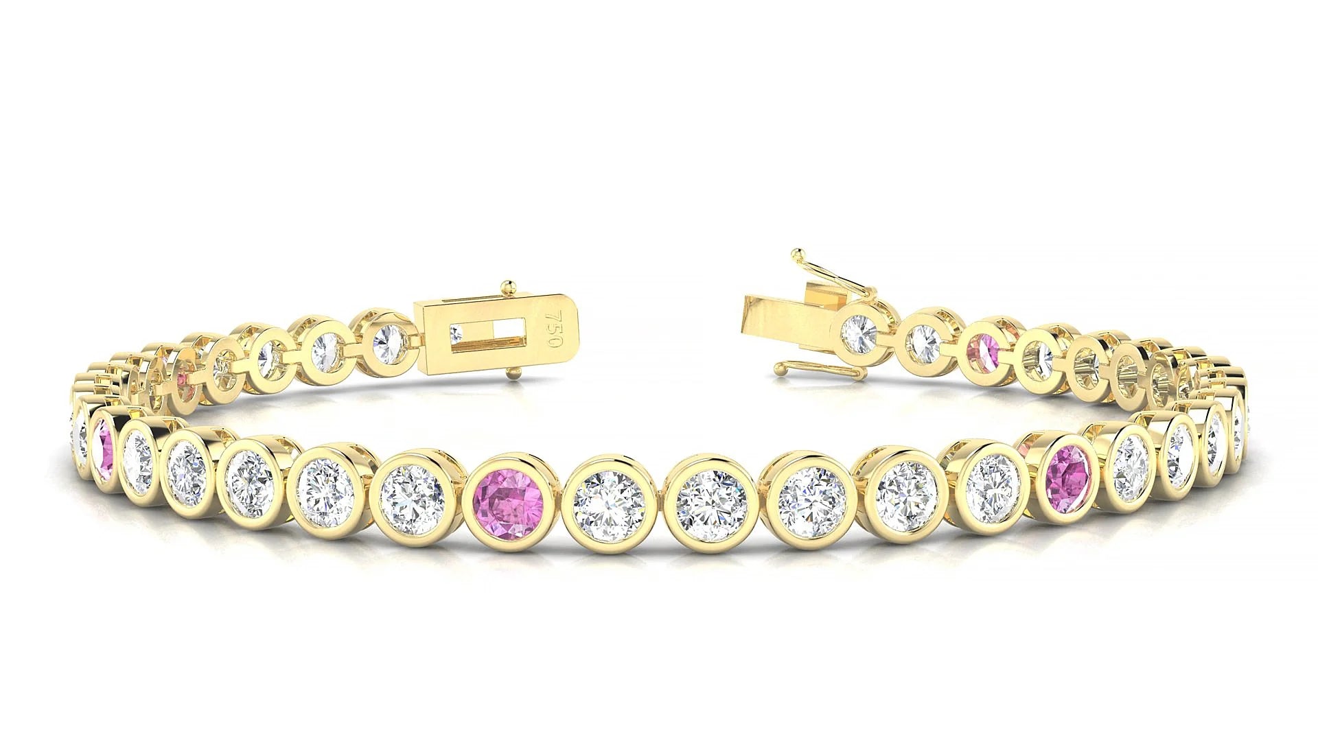 Avila 1-5 | 18k Yellow Gold 3.4 mm Round Natural Pink Sapphire & Diamond Tennis Bracelet