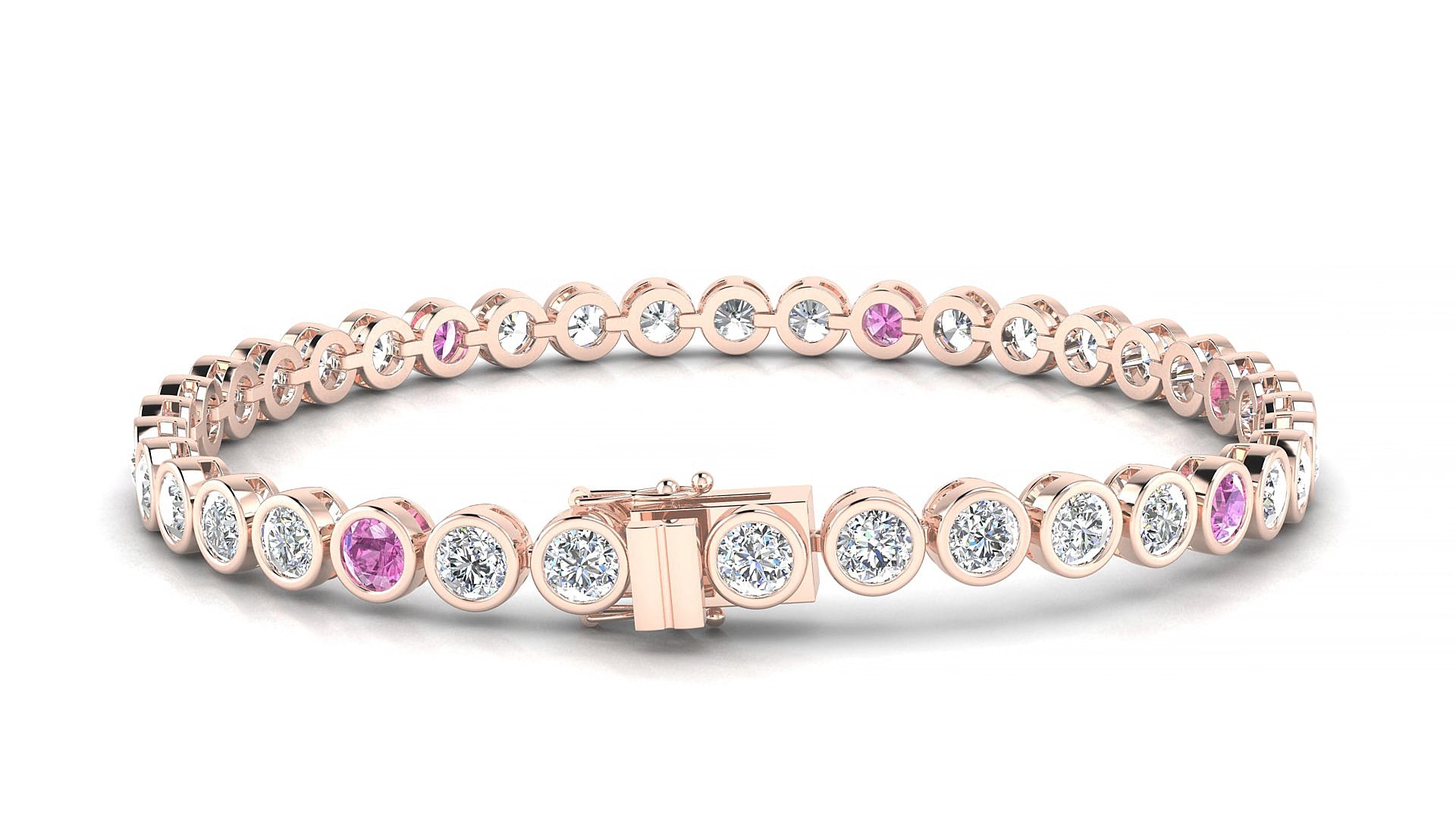 Avila 1-5 | 18k Rose Gold 3.4 mm Round Natural Pink Sapphire & Diamond 15 cm Tennis Bracelet
