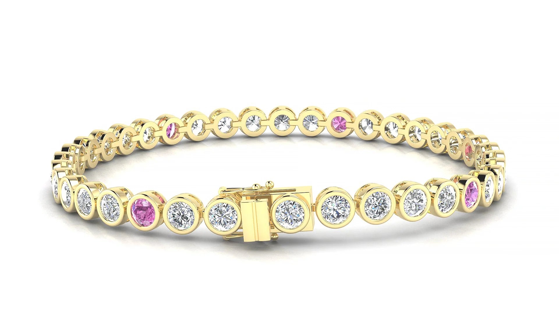 Avila 1-5 | 18k Yellow Gold 3.4 mm Round Natural Pink Sapphire & Diamond Tennis Bracelet