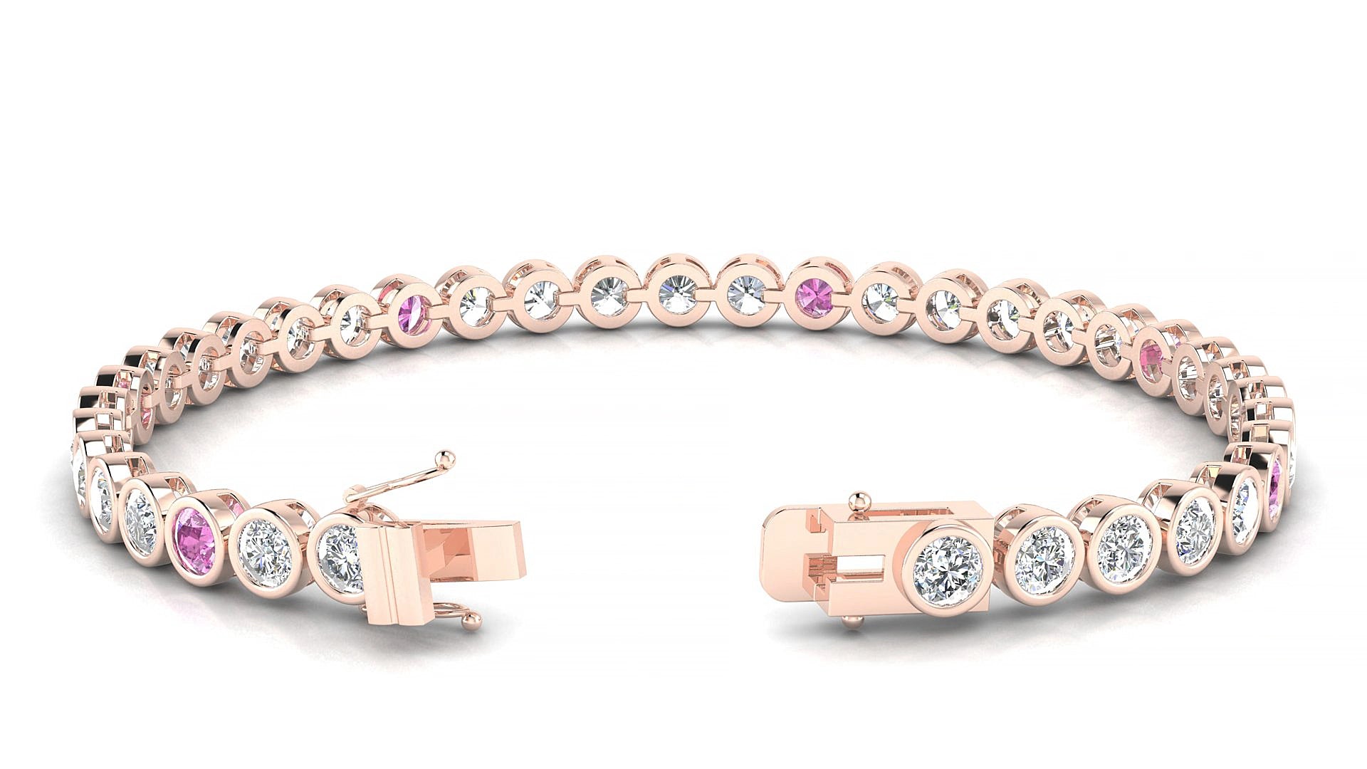 Avila 1-5 | 18k Rose Gold 3.4 mm Round Natural Pink Sapphire & Diamond 15 cm Tennis Bracelet