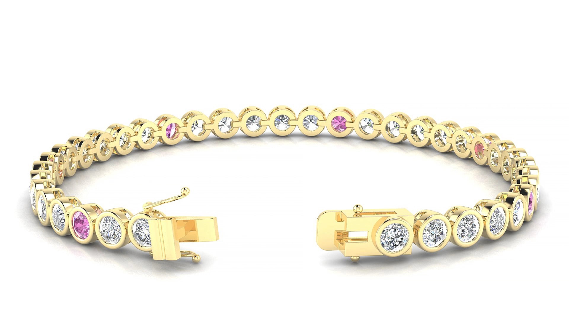 Avila 1-5 | 18k Yellow Gold 3.4 mm Round Natural Pink Sapphire & Diamond 18 cm Tennis Bracelet