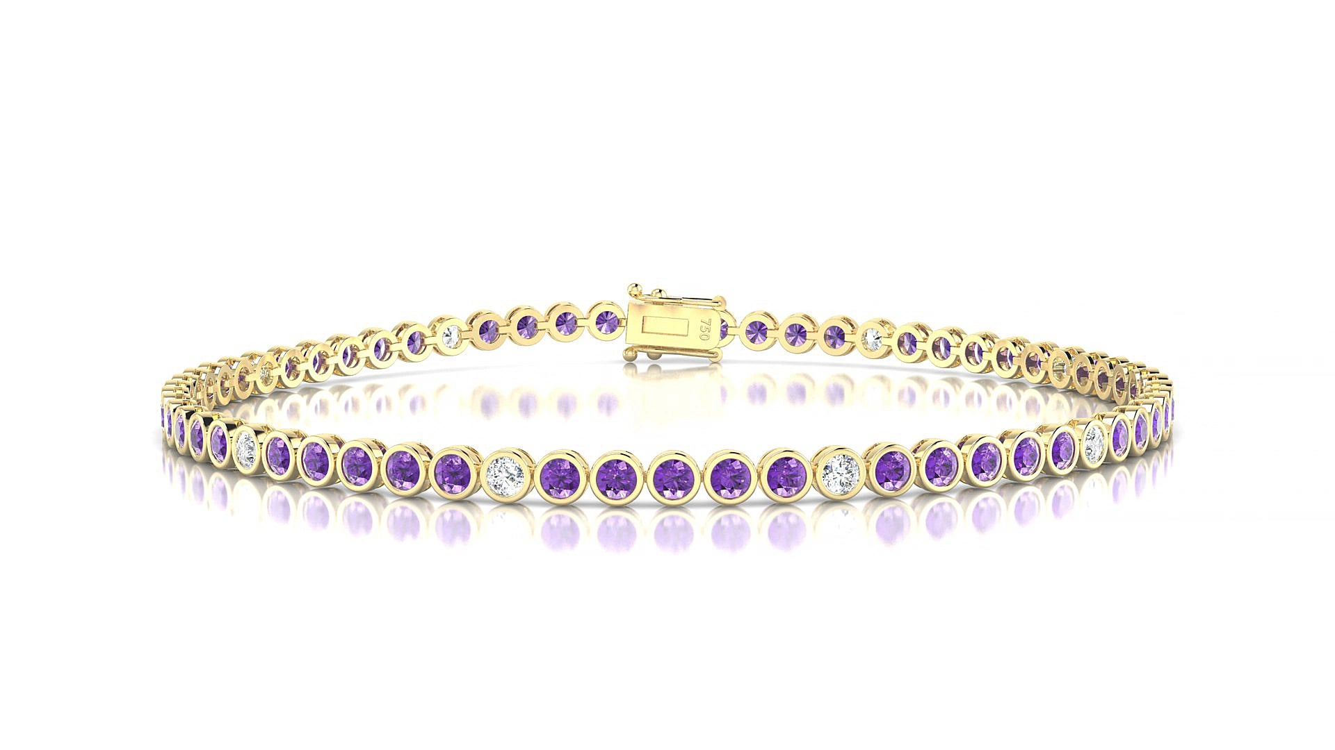 Avila 5-1 | 18k Yellow Gold 2 mm Round Natural Amethyst & Diamond 15 cm Tennis Bracelet