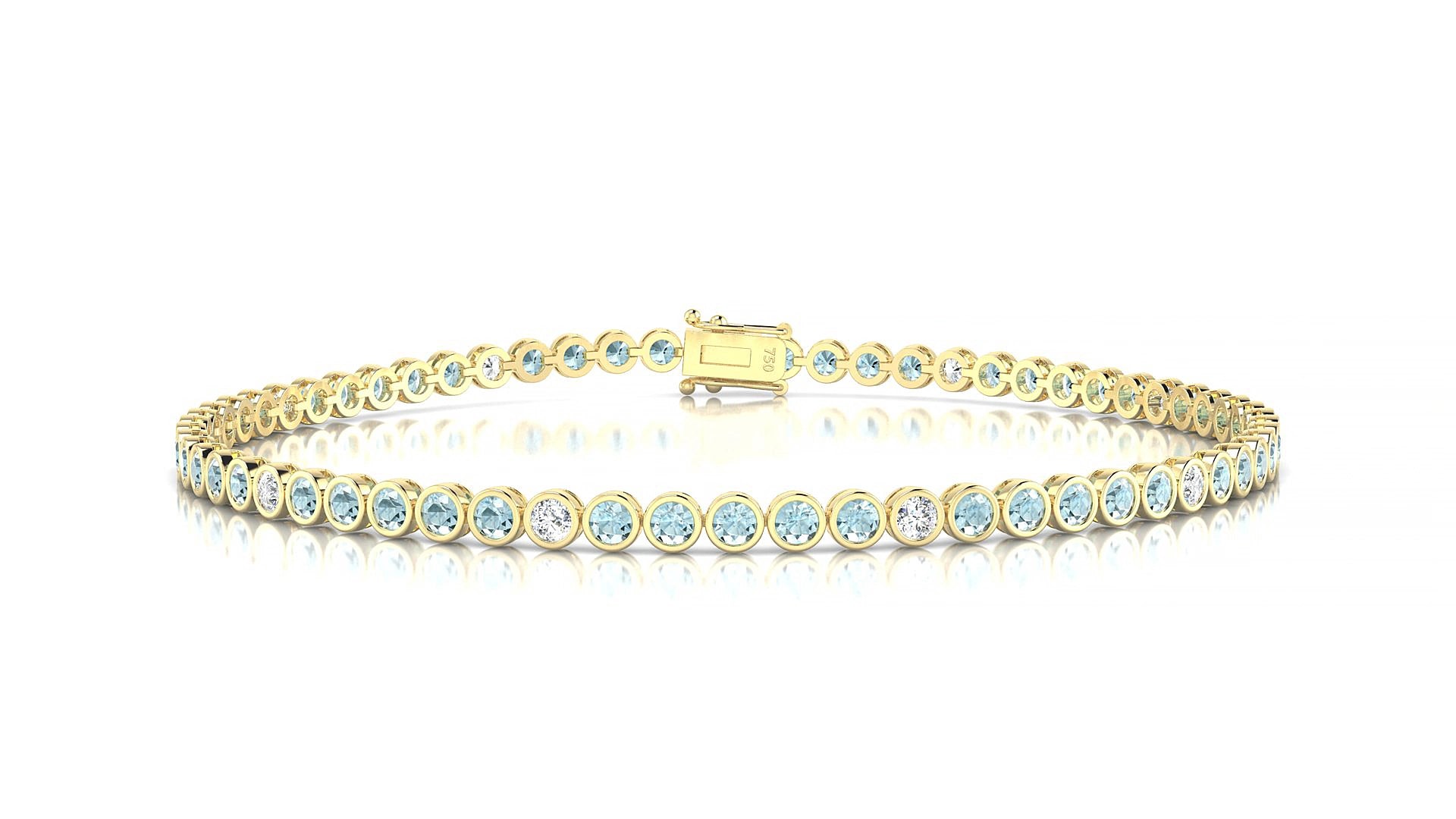 Avila 5-1 | 18k Yellow Gold 2 mm Round Natural Aquamarine & Diamond 17 cm Tennis Bracelet