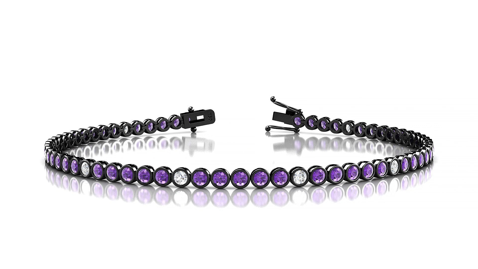 Avila 5-1 | 18k Black Gold 2 mm Round Natural Amethyst & Diamond 18 cm Tennis Bracelet