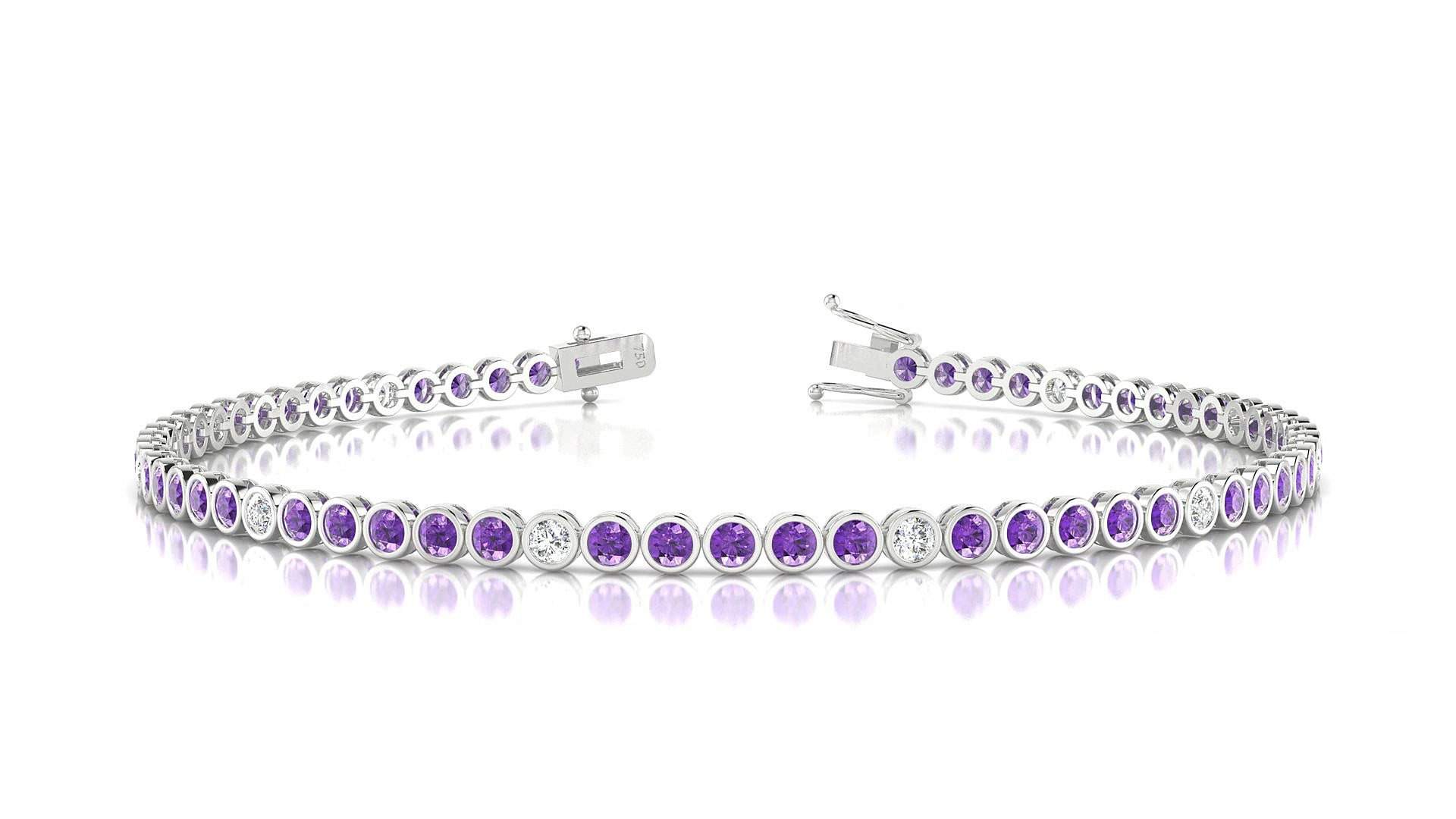 Avila 5-1 | 18k White Gold 2 mm Round Natural Amethyst & Diamond 19 cm Tennis Bracelet