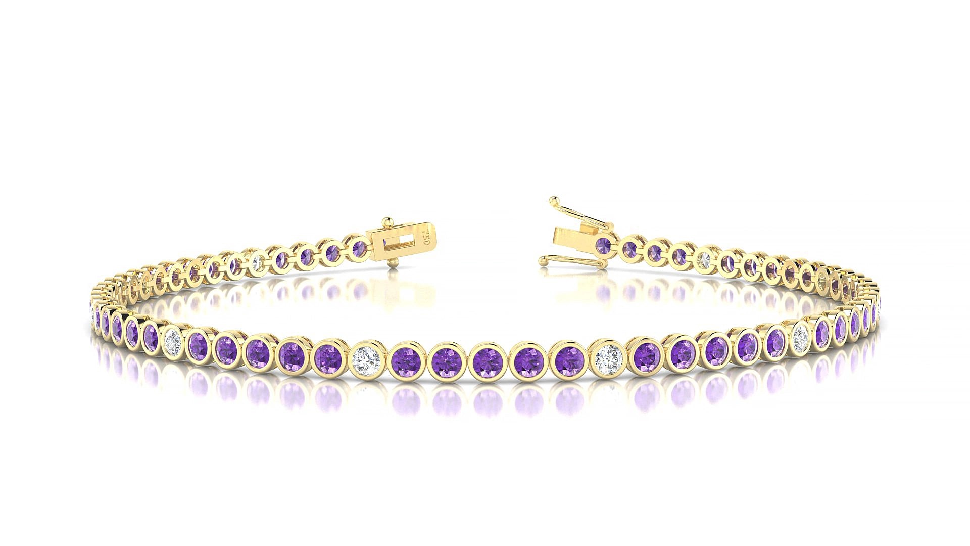 Avila 5-1 | 18k Yellow Gold 2 mm Round Natural Amethyst & Diamond 15 cm Tennis Bracelet