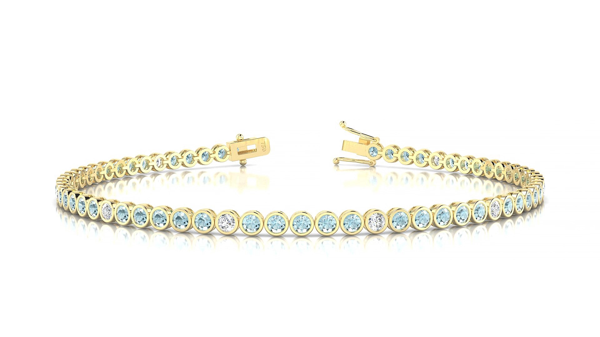 Avila 5-1 | 18k Yellow Gold 2 mm Round Natural Aquamarine & Diamond 17 cm Tennis Bracelet