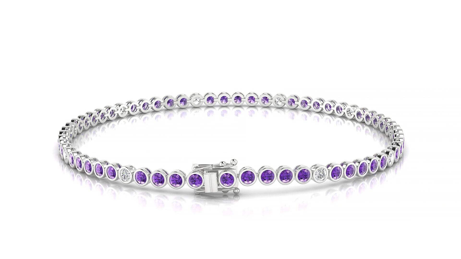 Avila 5-1 | 18k White Gold 2 mm Round Natural Amethyst & Diamond 17 cm Tennis Bracelet