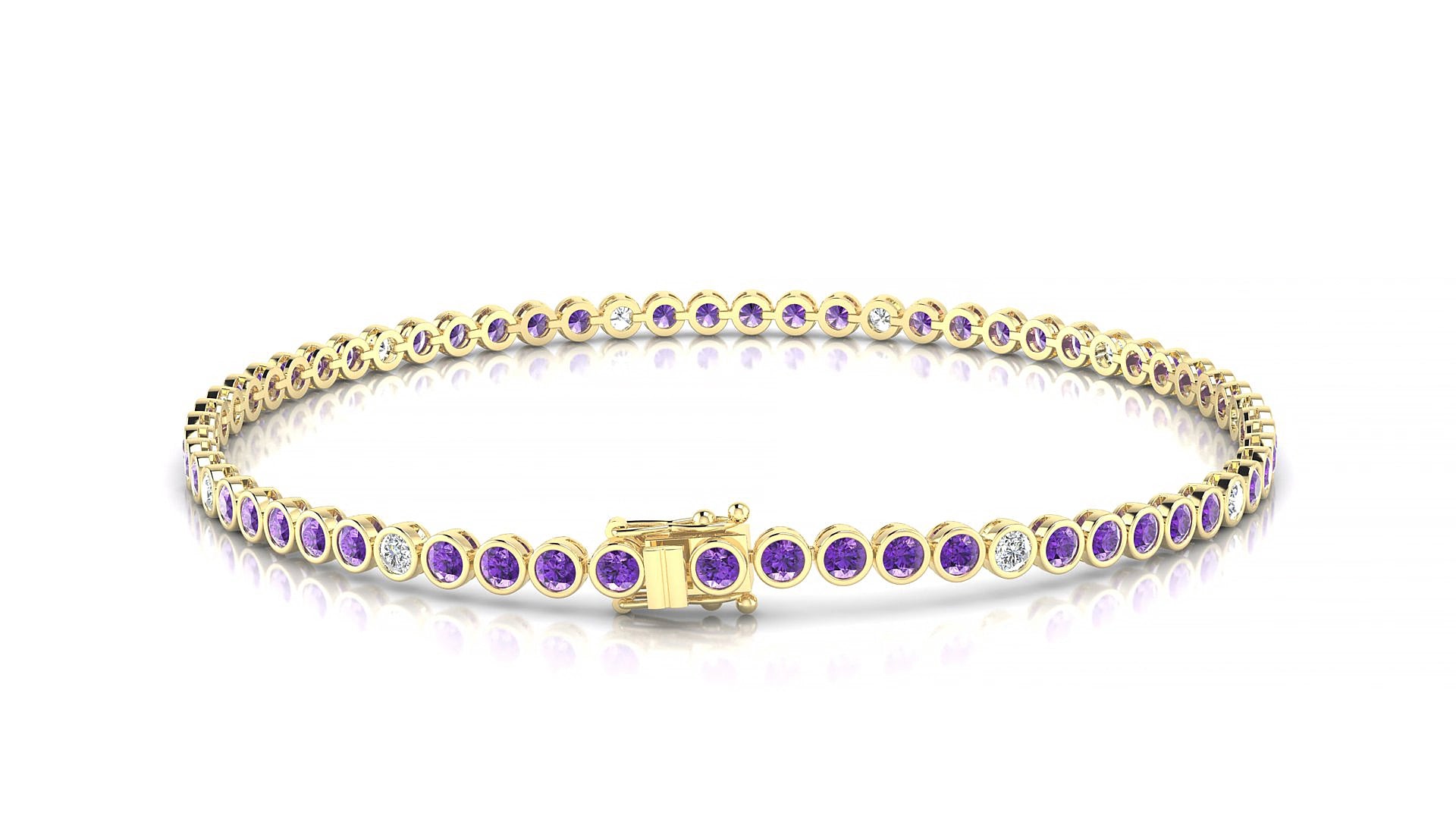 Avila 5-1 | 18k Yellow Gold 2 mm Round Natural Amethyst & Diamond 15 cm Tennis Bracelet