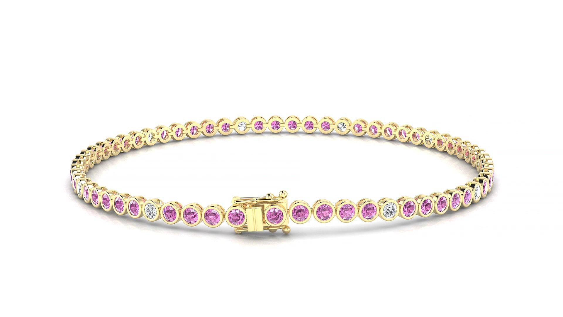 Avila 5-1 | 18k Yellow Gold 2 mm Round Natural Pink Sapphire & Diamond 15 cm Tennis Bracelet