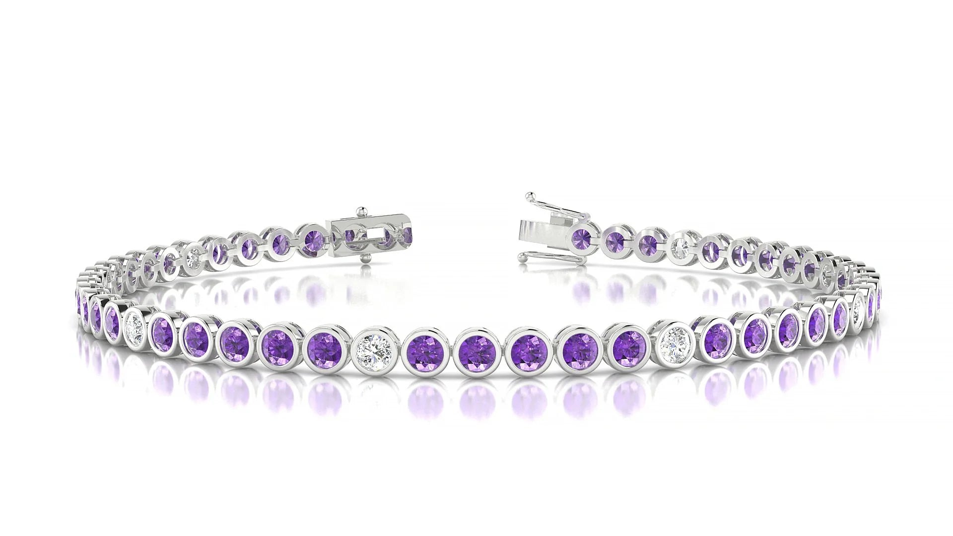 Avila 5-1 | 18k White Gold 2.5 mm Round Natural Amethyst & Diamond Tennis Bracelet