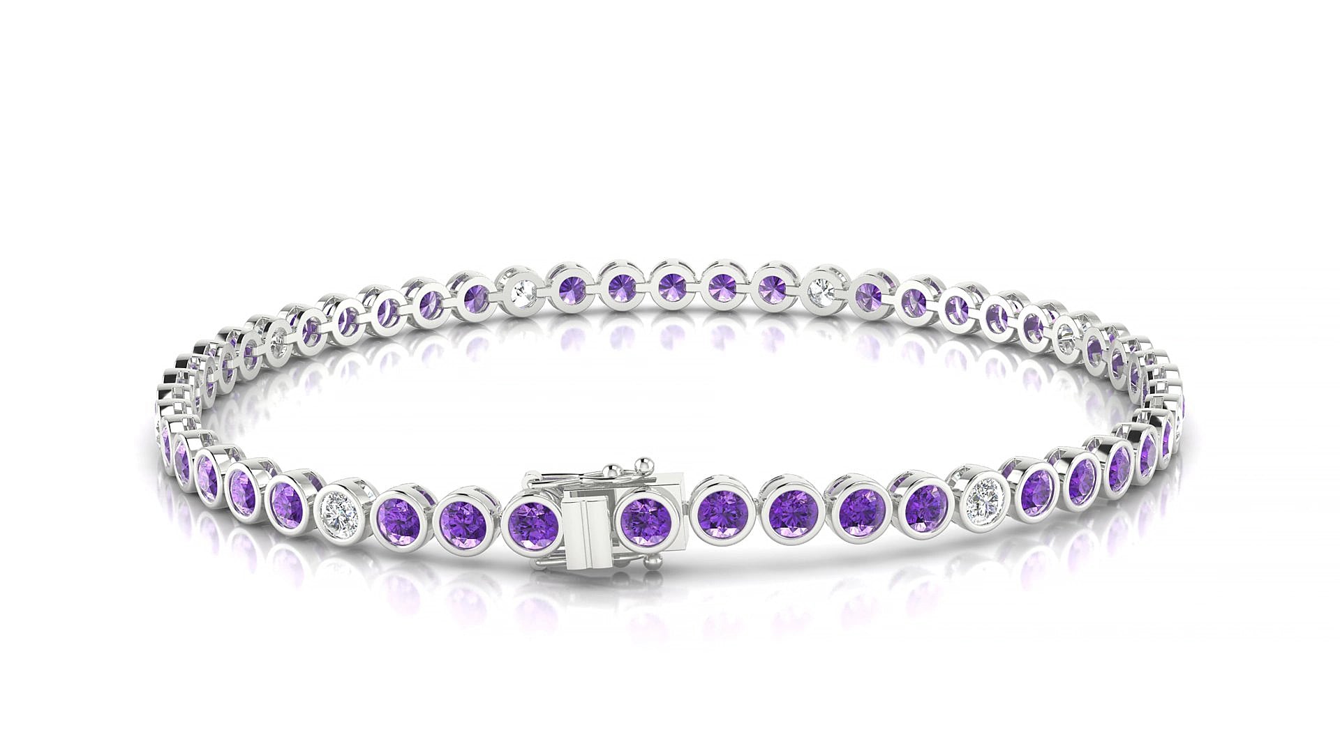 Avila 5-1 | 18k White Gold 2.5 mm Round Natural Amethyst & Diamond 15 cm Tennis Bracelet