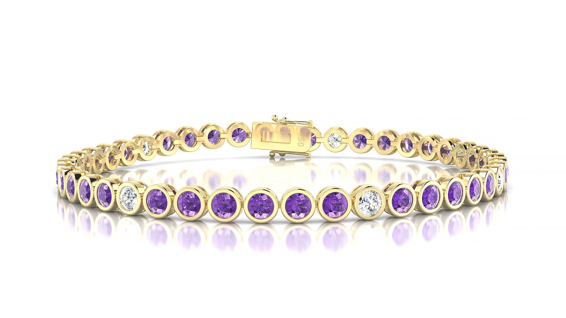 Avila 5-1 | 18k Yellow Gold 3 mm Round Natural Amethyst & Diamond 16 cm Tennis Bracelet