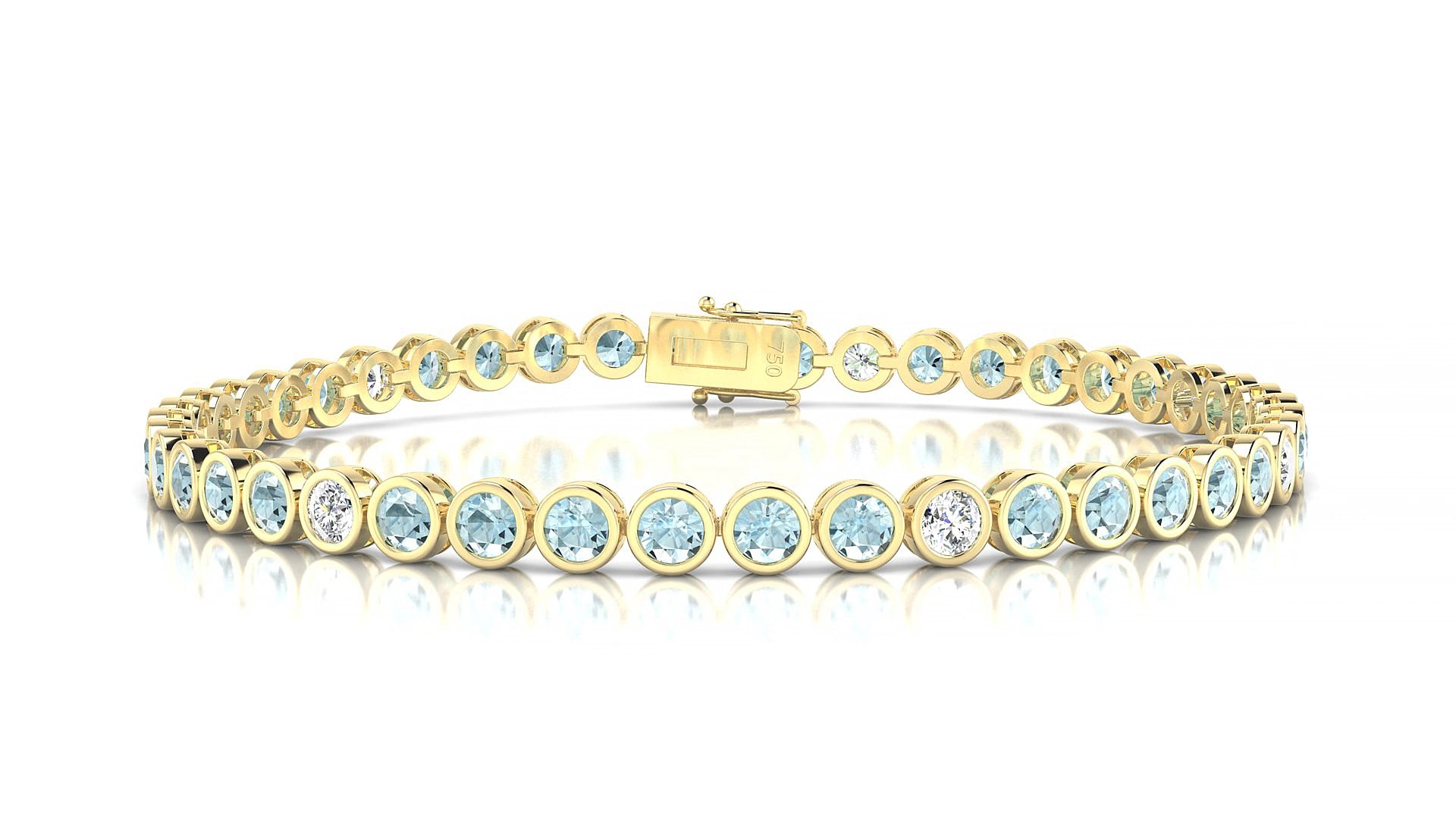 Avila 5-1 | 18k Yellow Gold 3 mm Round Natural Aquamarine & Diamond 17 cm Tennis Bracelet