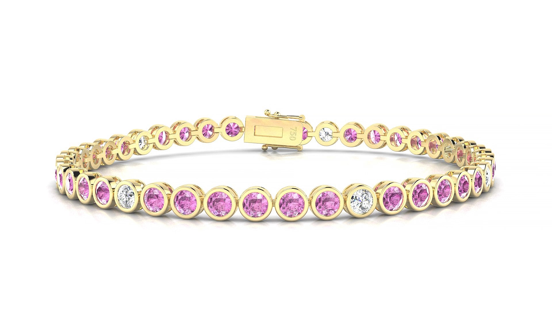 Avila 5-1 | 18k Yellow Gold 3 mm Round Natural Pink Sapphire & Diamond 15 cm Tennis Bracelet