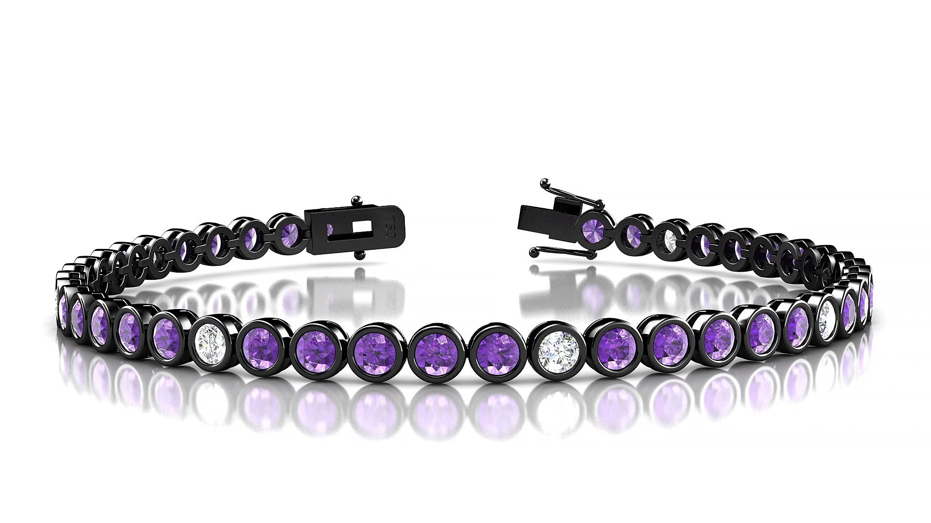 Avila 5-1 | 18k Black Gold 3 mm Round Natural Amethyst & Diamond 17 cm Tennis Bracelet
