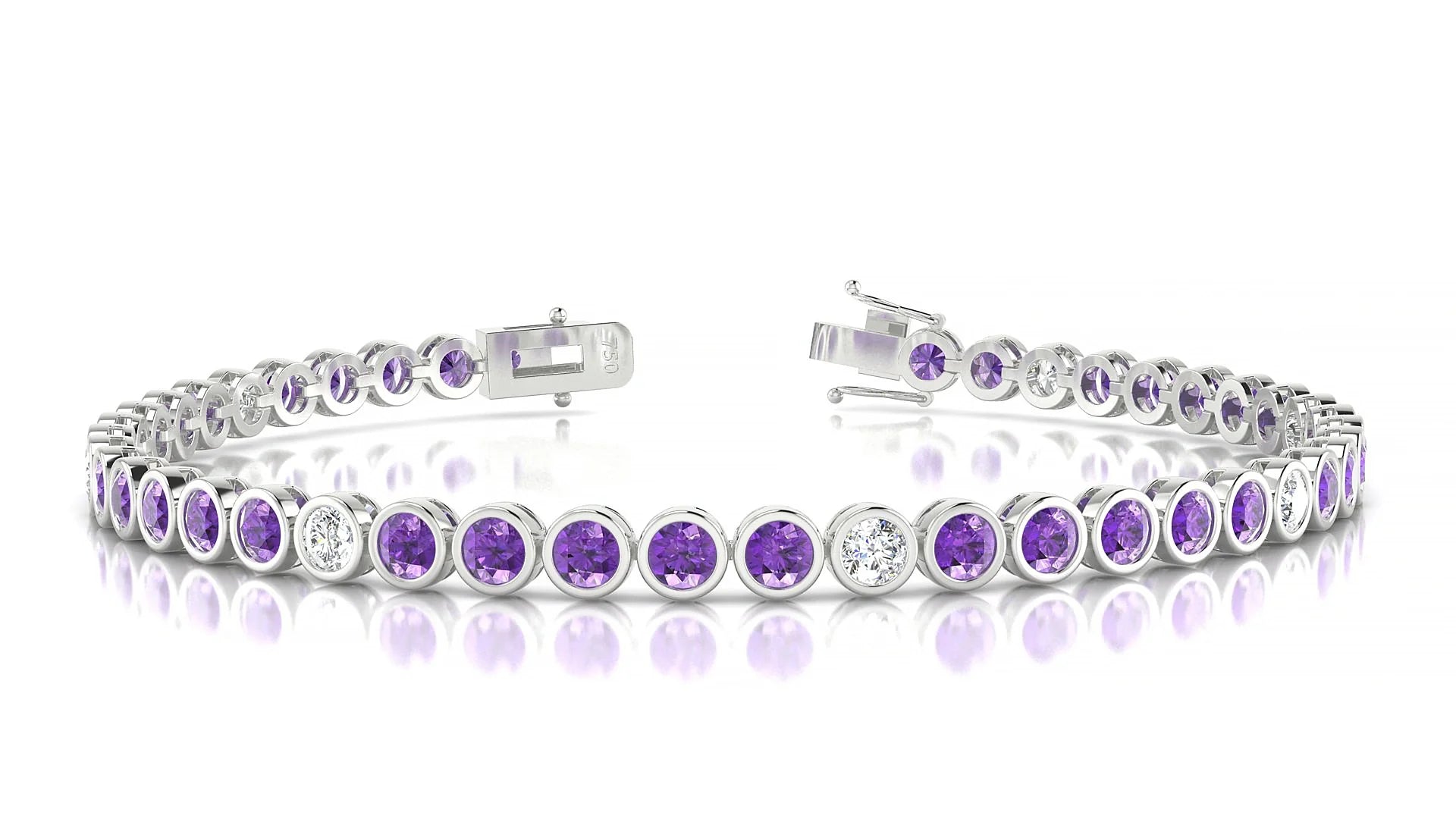 Avila 5-1 | 18k White Gold 3 mm Round Natural Amethyst & Diamond Tennis Bracelet