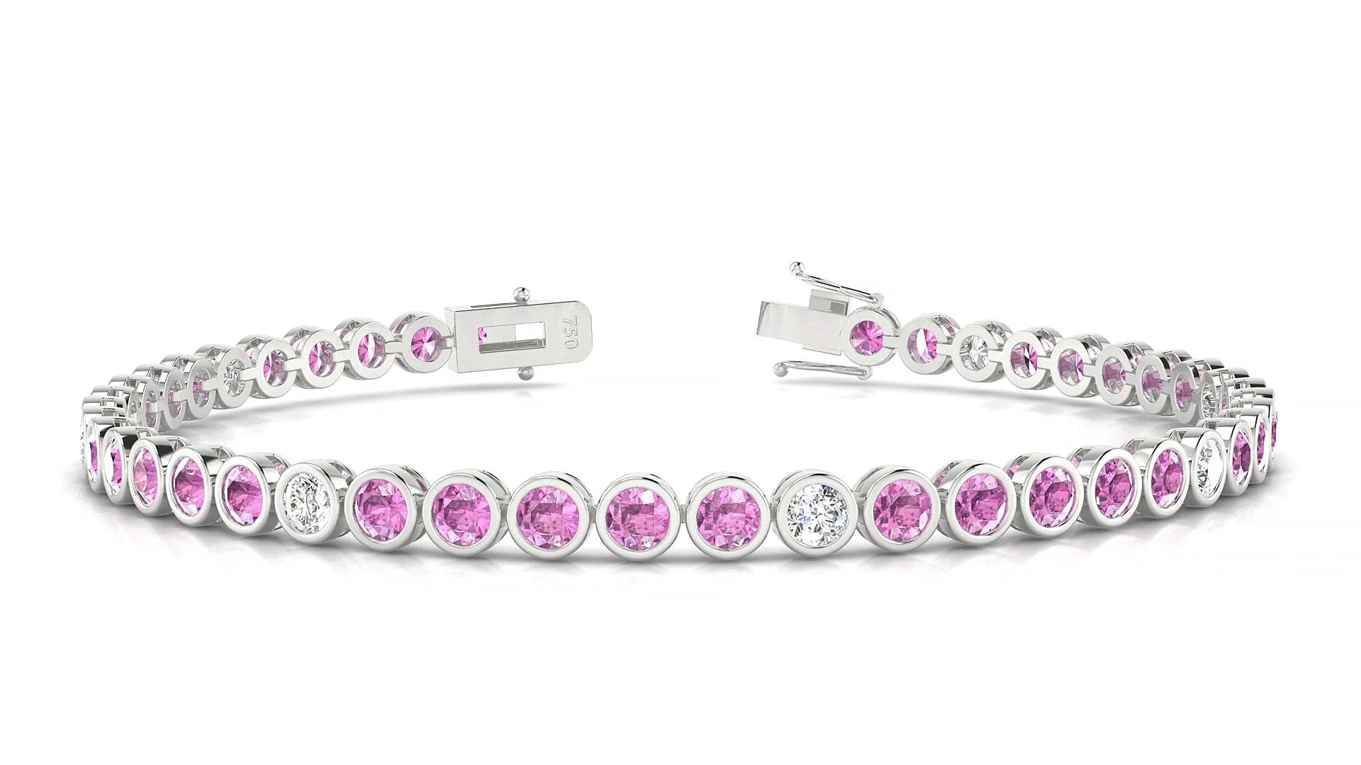 Avila 5-1 | 18k White Gold 3 mm Round Natural Pink Sapphire & Diamond Tennis Bracelet