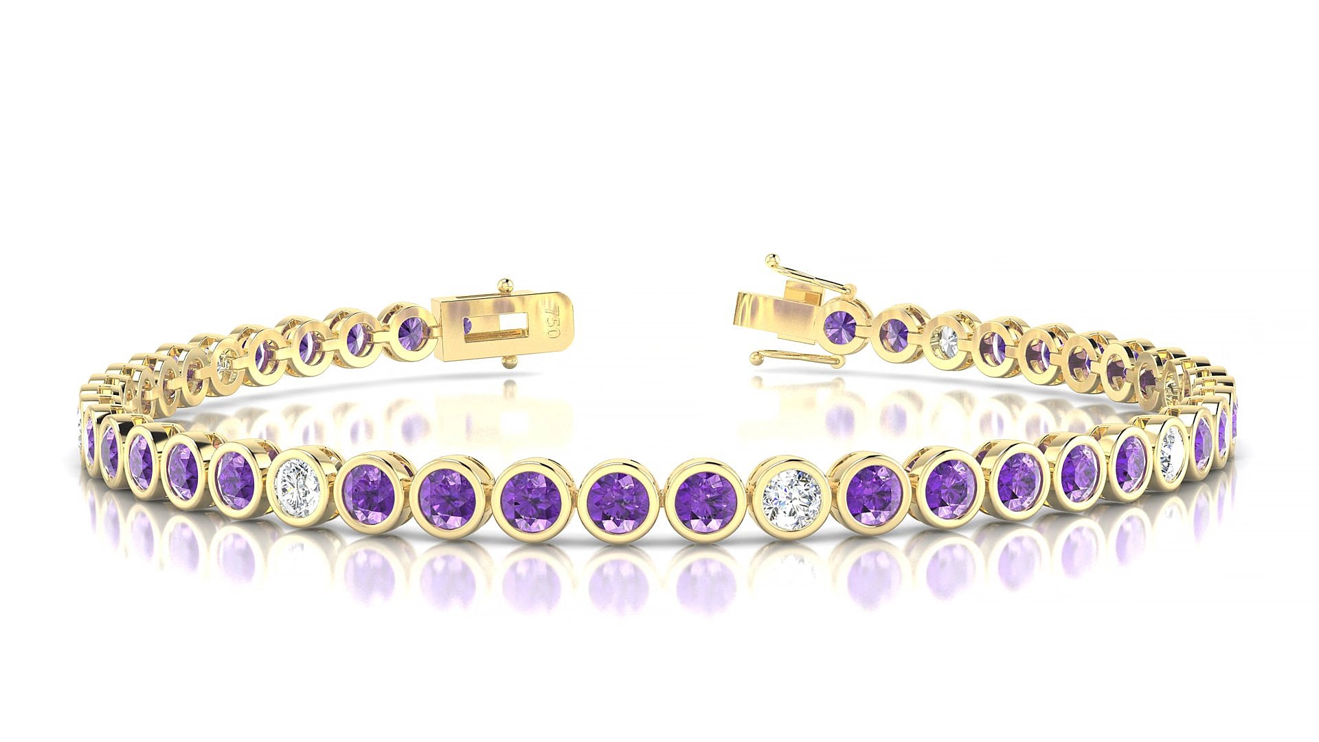 Avila 5-1 | 18k Yellow Gold 3 mm Round Natural Amethyst & Diamond 19 cm Tennis Bracelet