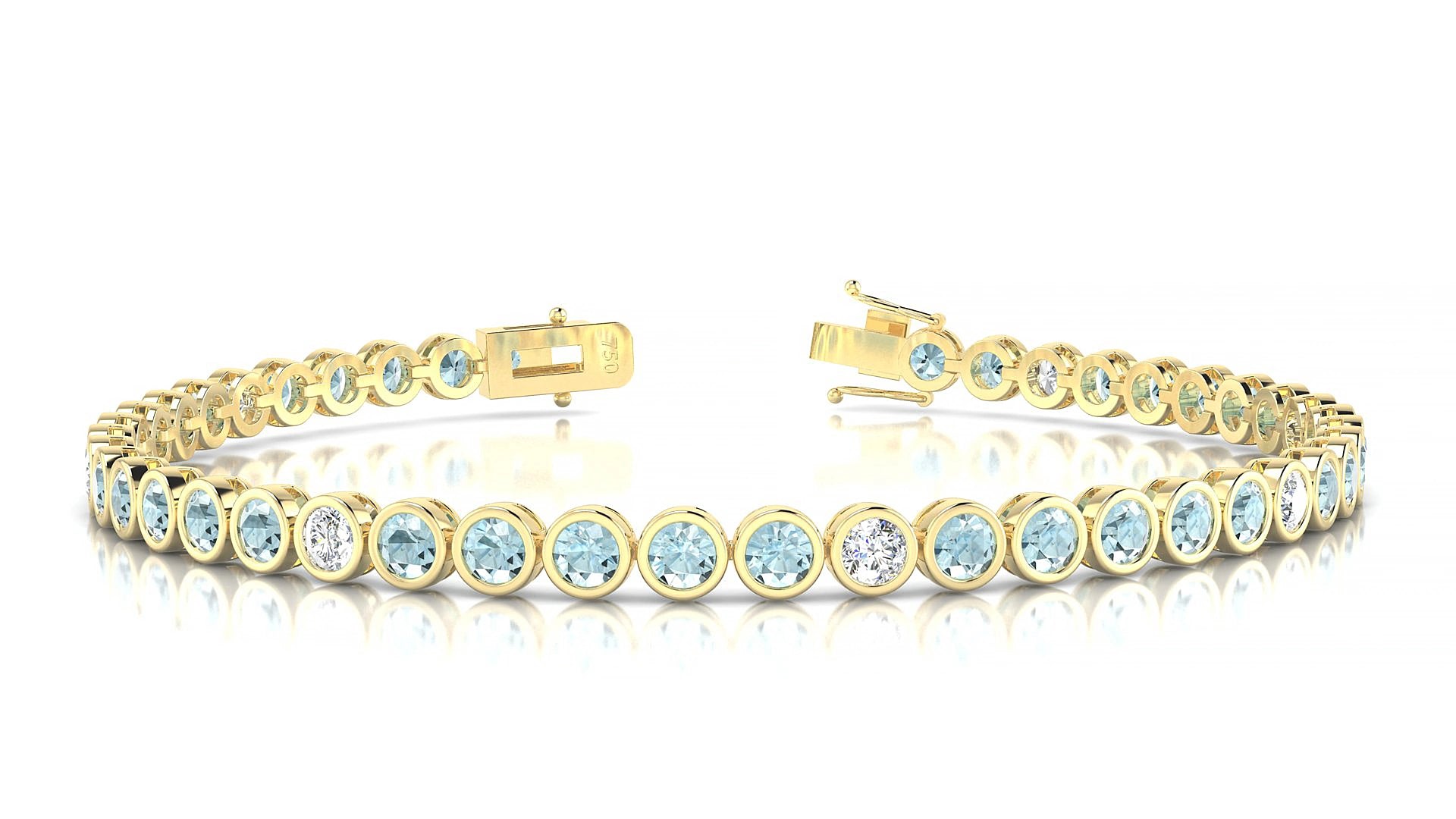 Avila 5-1 | 18k Yellow Gold 3 mm Round Natural Aquamarine & Diamond 17 cm Tennis Bracelet
