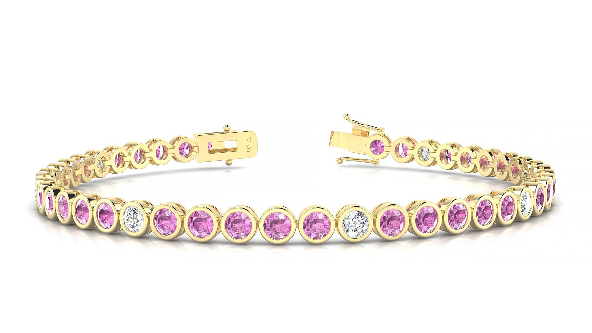 Avila 5-1 | 18k Yellow Gold 3 mm Round Natural Pink Sapphire & Diamond 15 cm Tennis Bracelet
